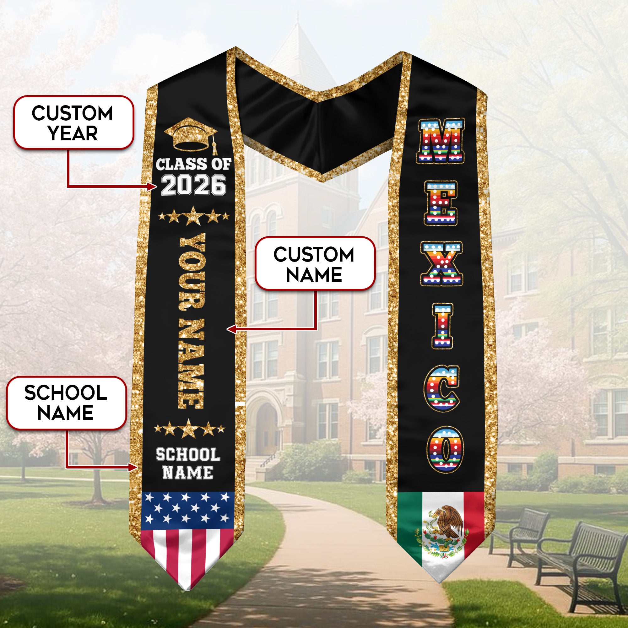 Mexico Graduate Stole 2026, Custom Personalized Sash for Graduation