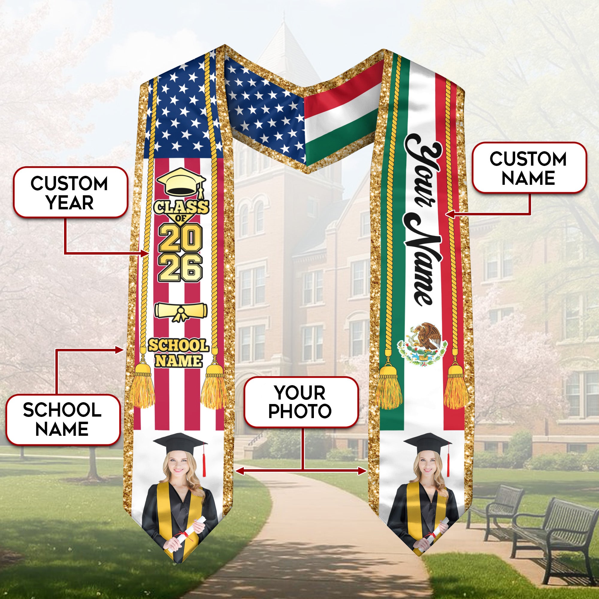 Personalized Mexican Sash 2026 for Graduation, Custom Photo Mexico Stole for Graduate