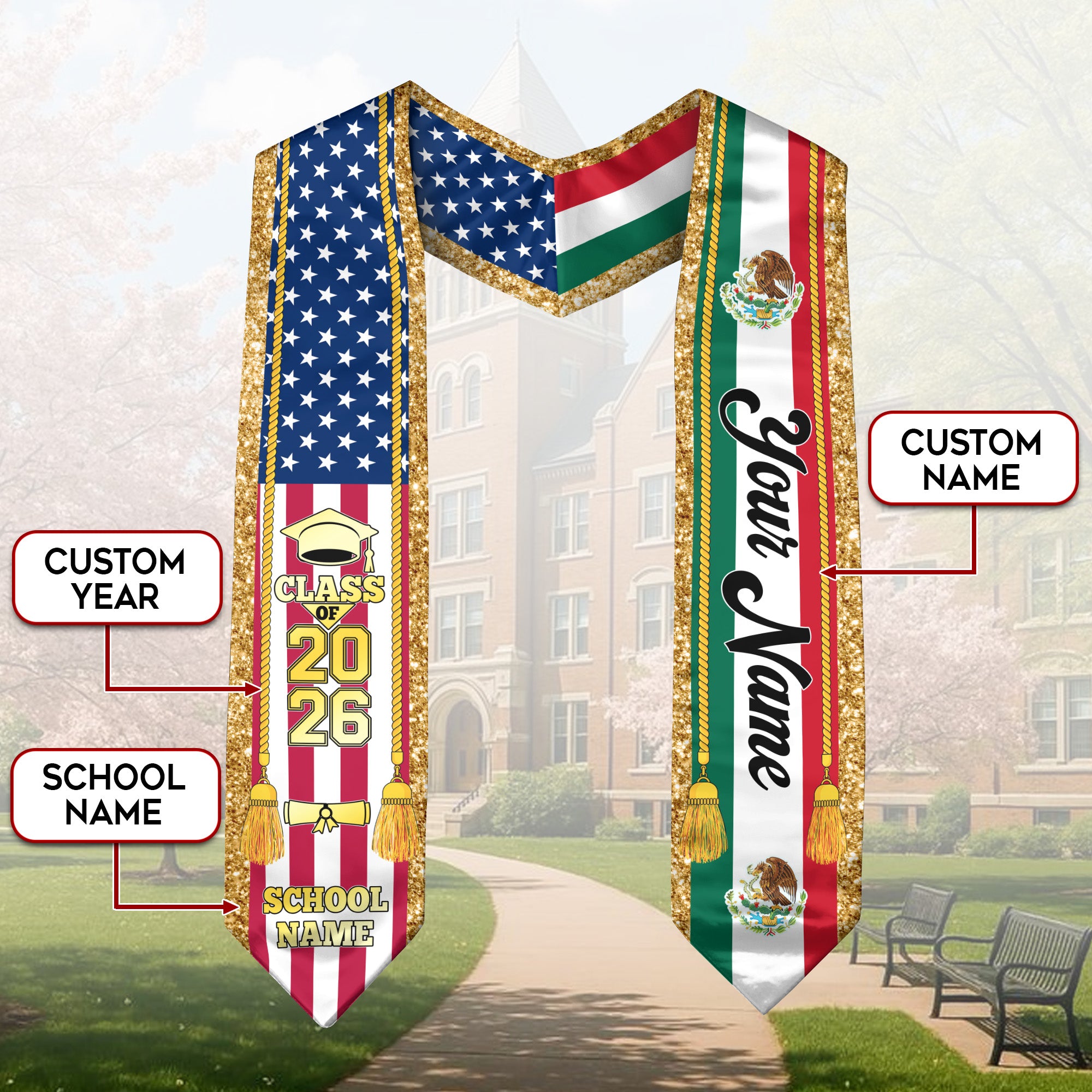 Custom Mexico Graduation Stole 2026, Personalized Mexican Sash for Graduate