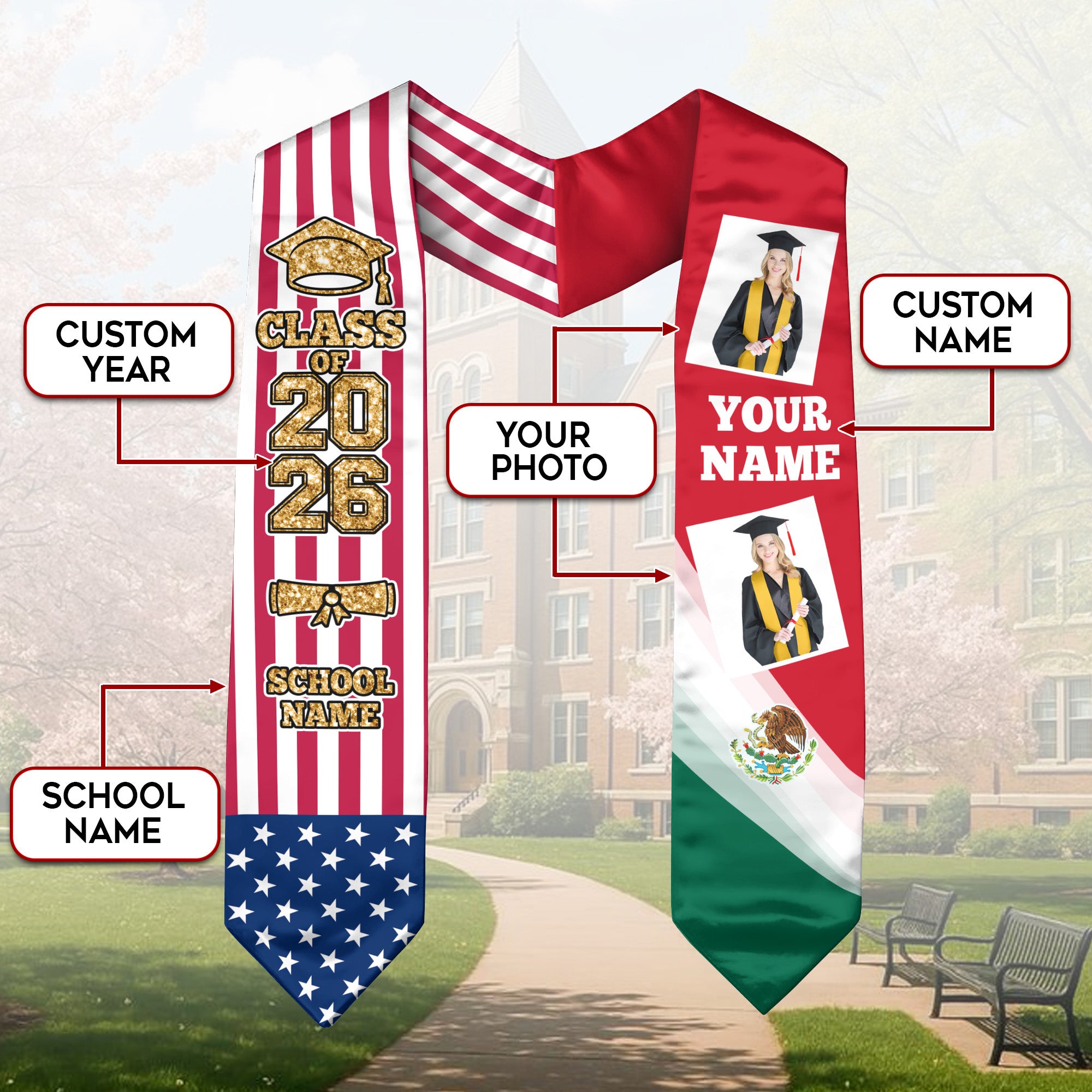 Custom Mexican Graduation Sash 2026 for Graduate, Personalized Mexico Stole with Photo