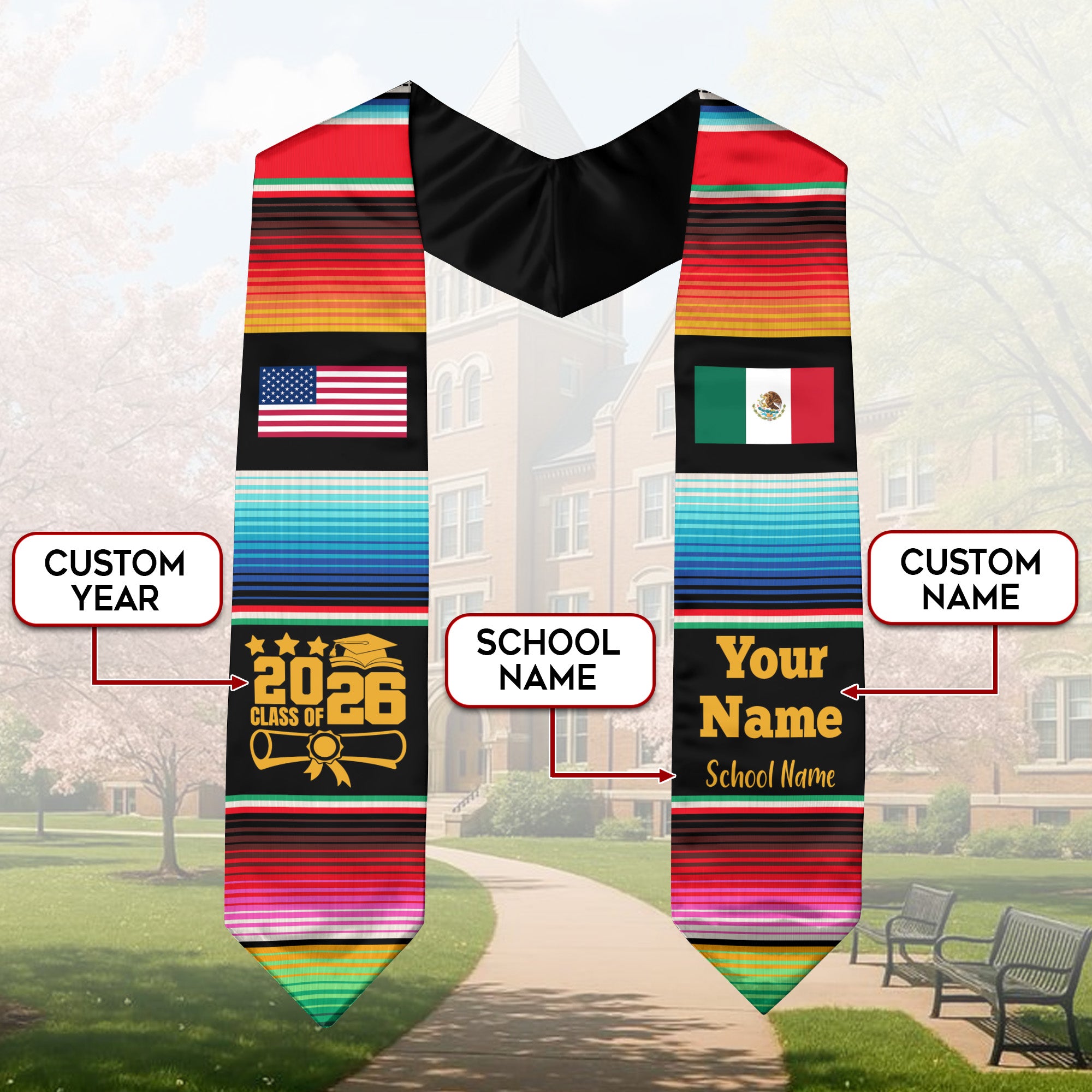 Mexico Graduate Sash 2026, Personalized Custom Mexican Stole for Graduation