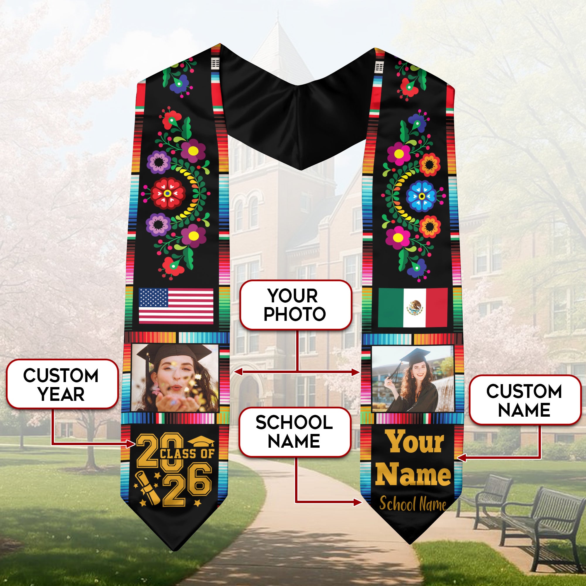 Personalized Mexico Graduation Sash 2026, Custom Photo Mexican Stole for Graduate