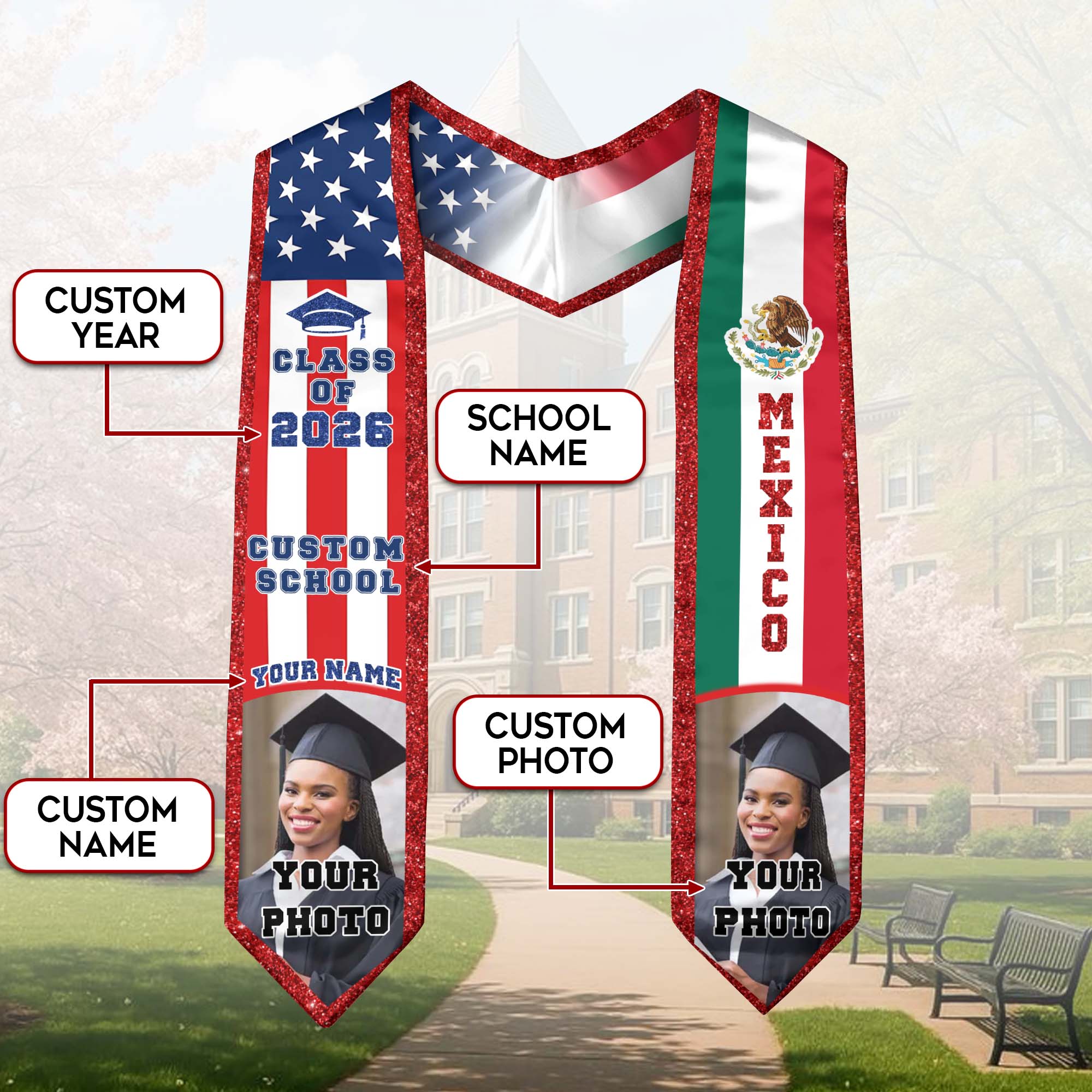 Custom Mexican Graduation Stole 2026 USA Mexico Flag Photo Class Cap School Name