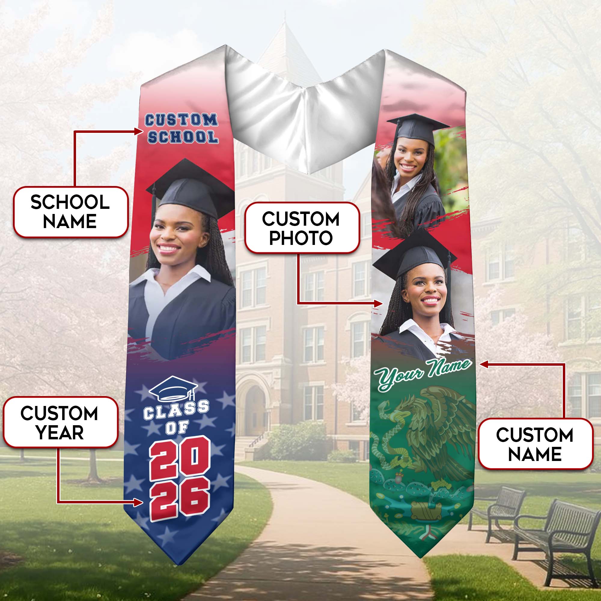 Custom Mexican Graduation Stole 2026 Mexico USA Flag Photo Graduation Sash
