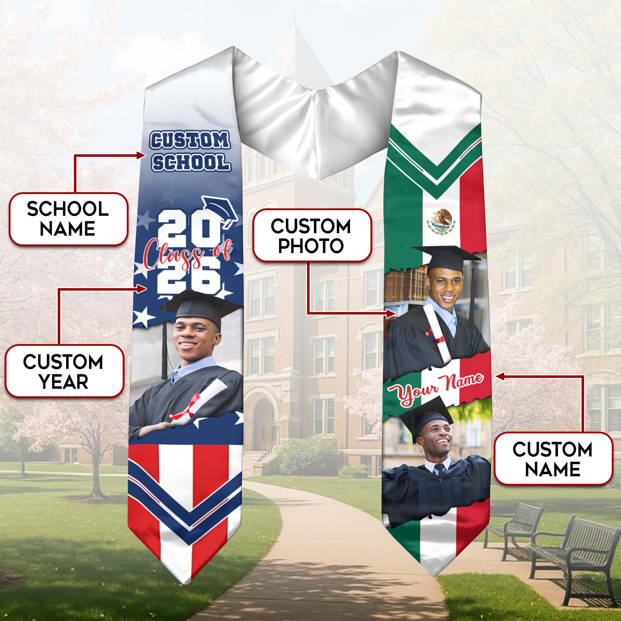 Custom Mexican Graduation Stole 2026 USA Flag Mexico Flag Photo Class School
