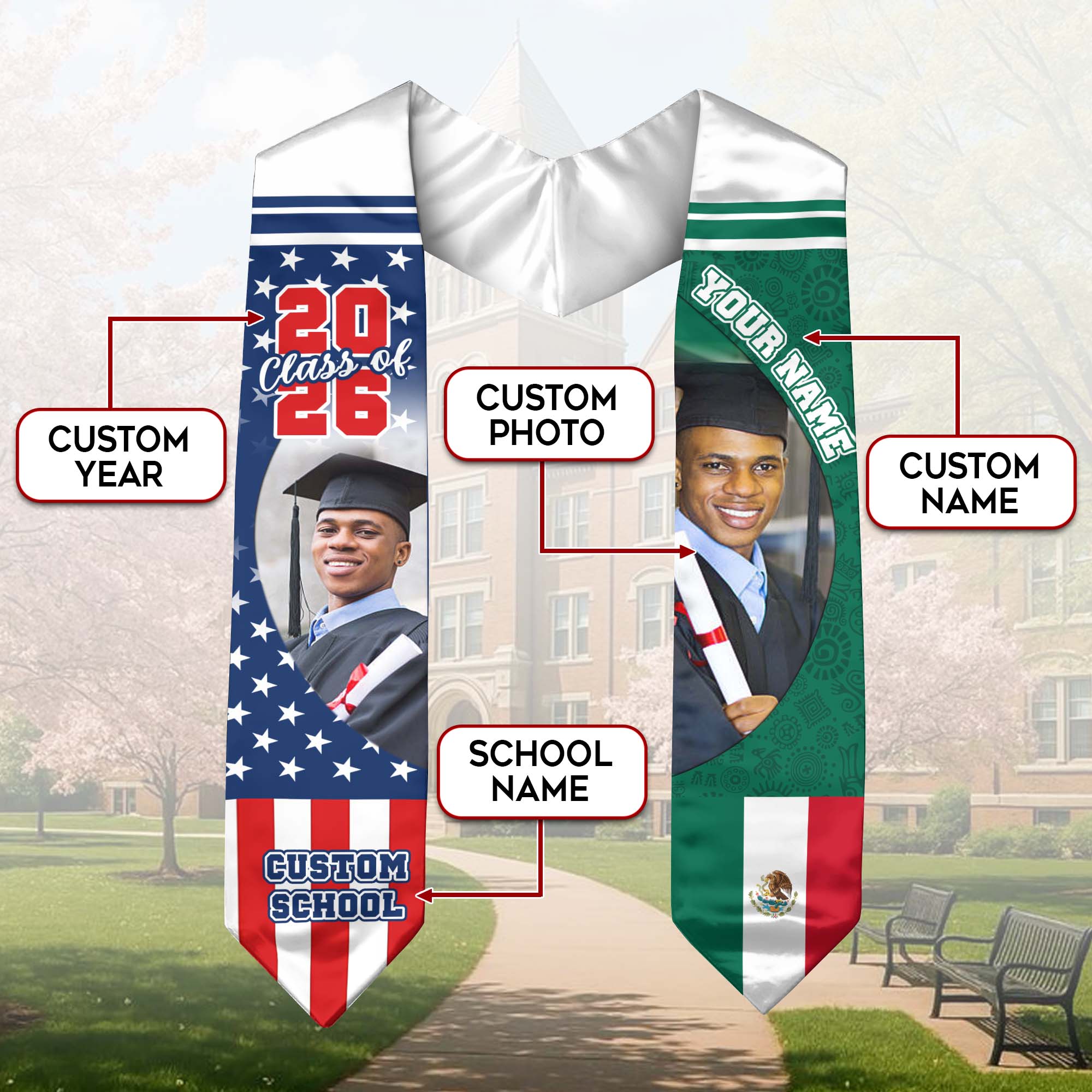 Custom Mexican Graduation Stole 2026 Mexico Flag USA Stars Photo Name School
