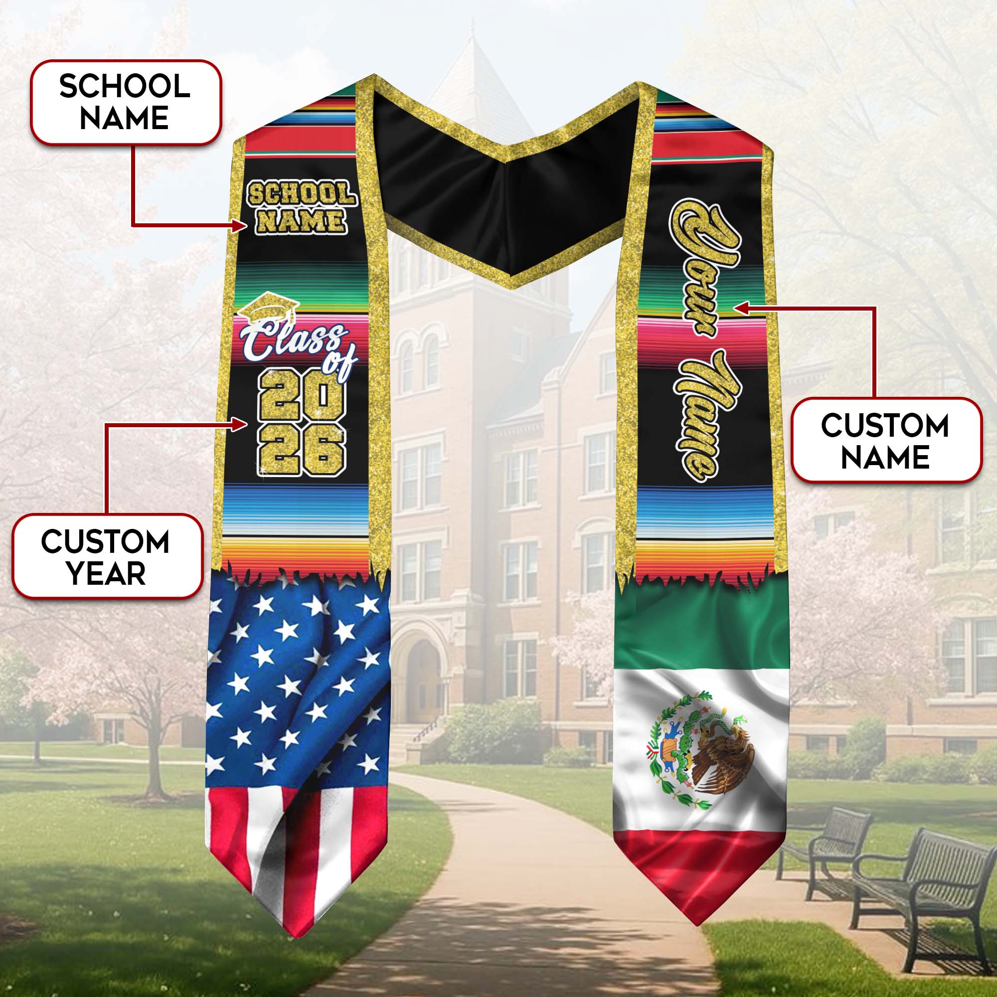 Custom Mexican Graduation Stole 2026 USA Mexico Flag Serape Gold Trim Sash