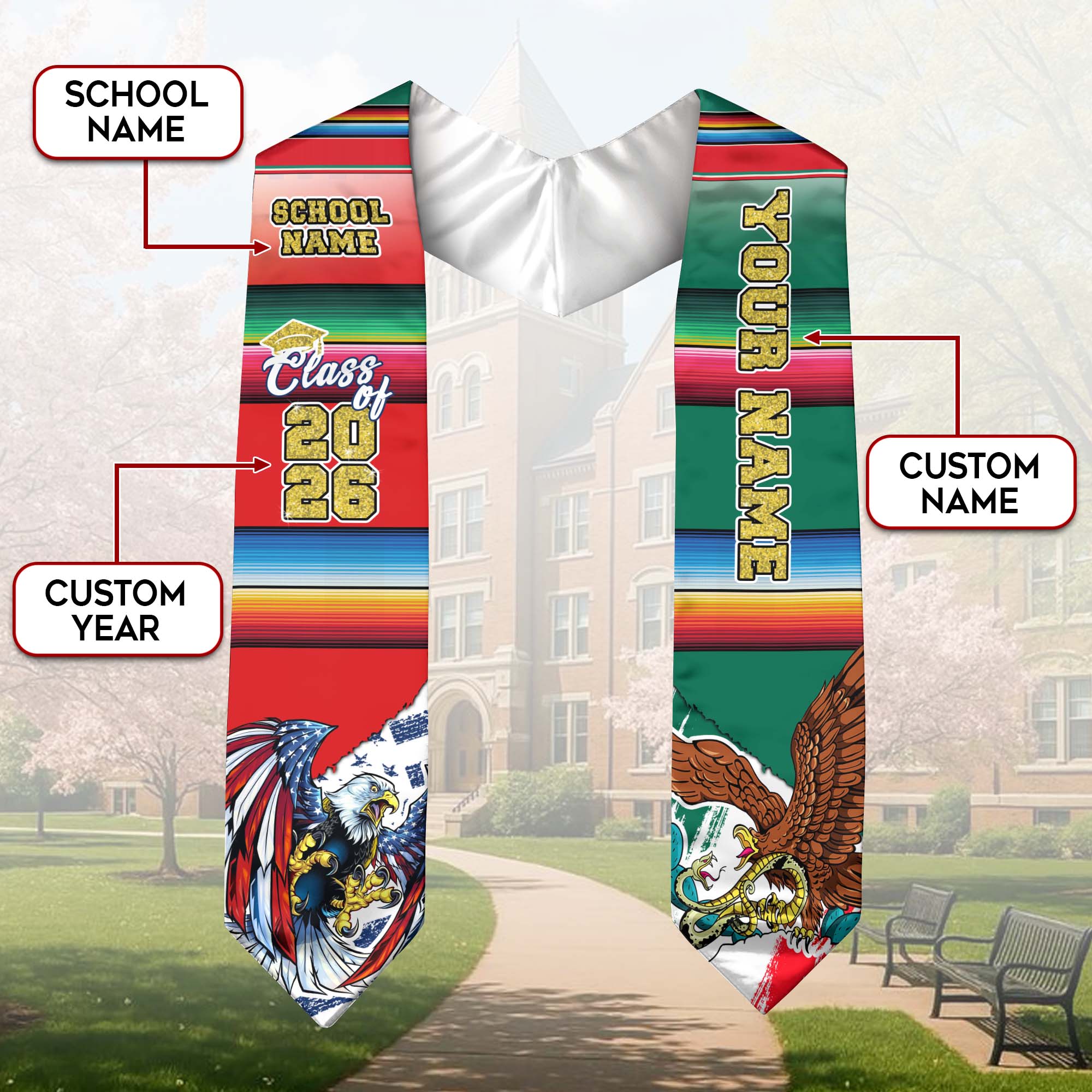 Custom Mexican Graduation Stole 2026 USA Mexico Flag Serape Class Cap Sash
