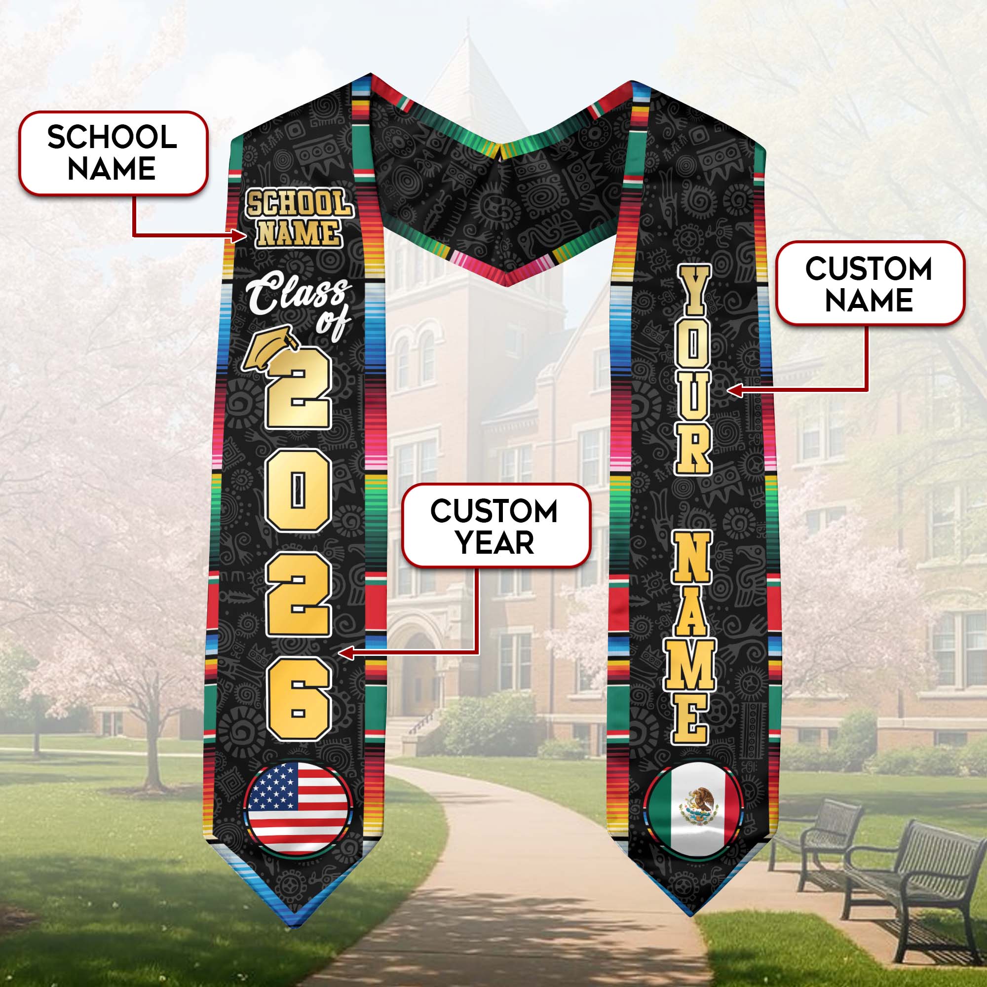 Custom Mexican Graduation Stole 2026 USA Mexico Flag Serape Eagle Emblem