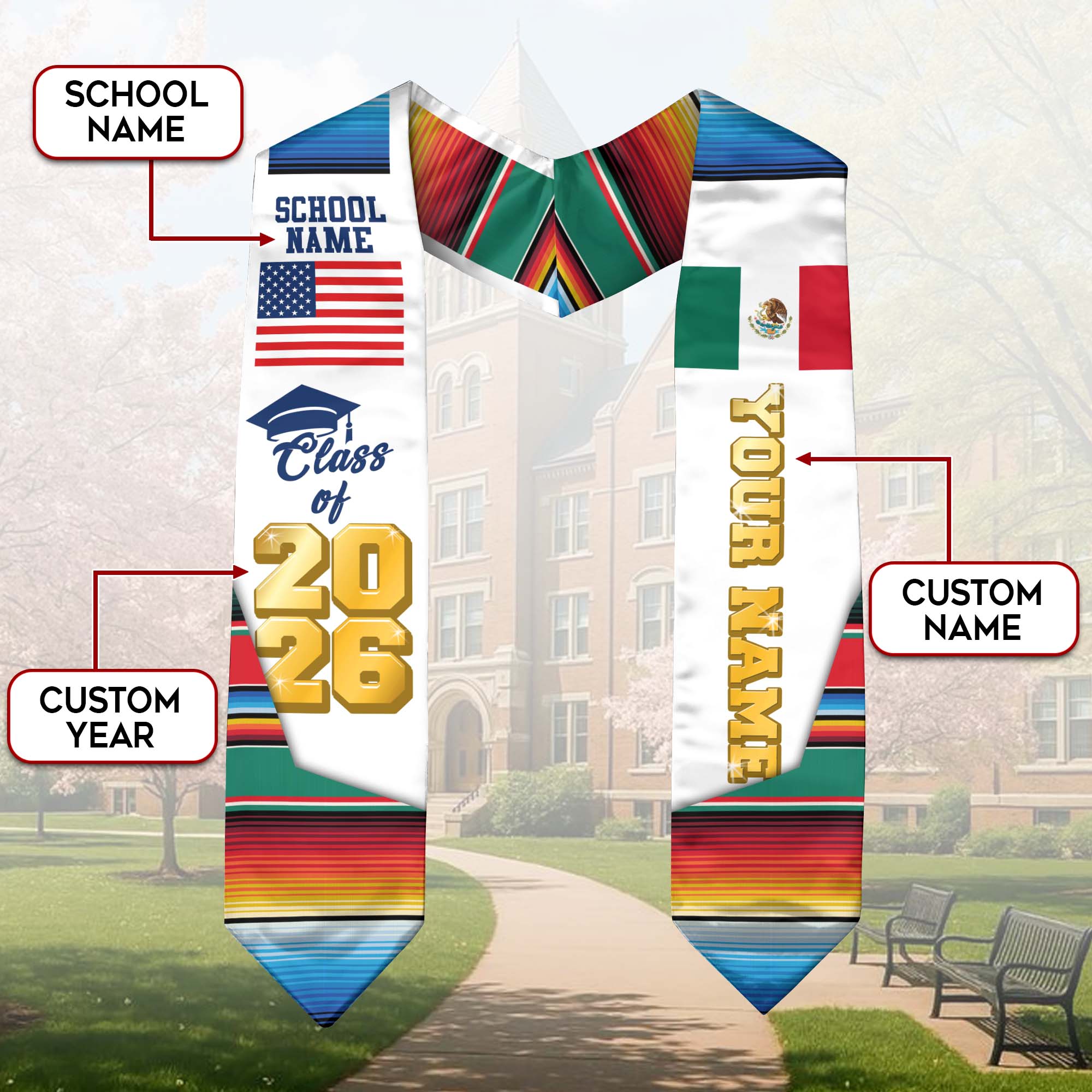 Custom Mexican Graduation Stole 2026 Aztec Pattern USA Mexico Flag Sash