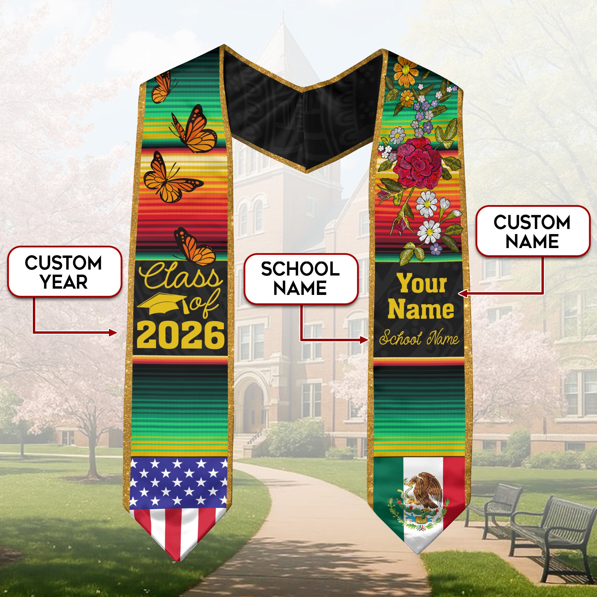 Mexico Graduation Sash 2026, Custom Mexican Stole Personalized for Graduate