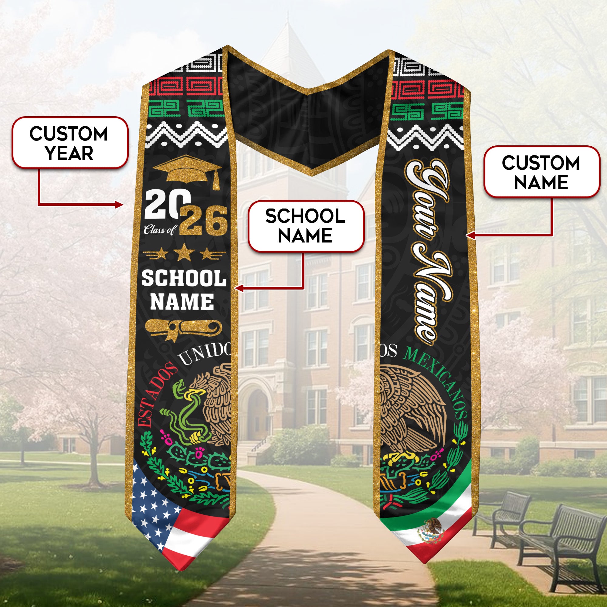 Personalized Mexico Sash 2026 for Graduate, Custom Mexican Graduation Stole