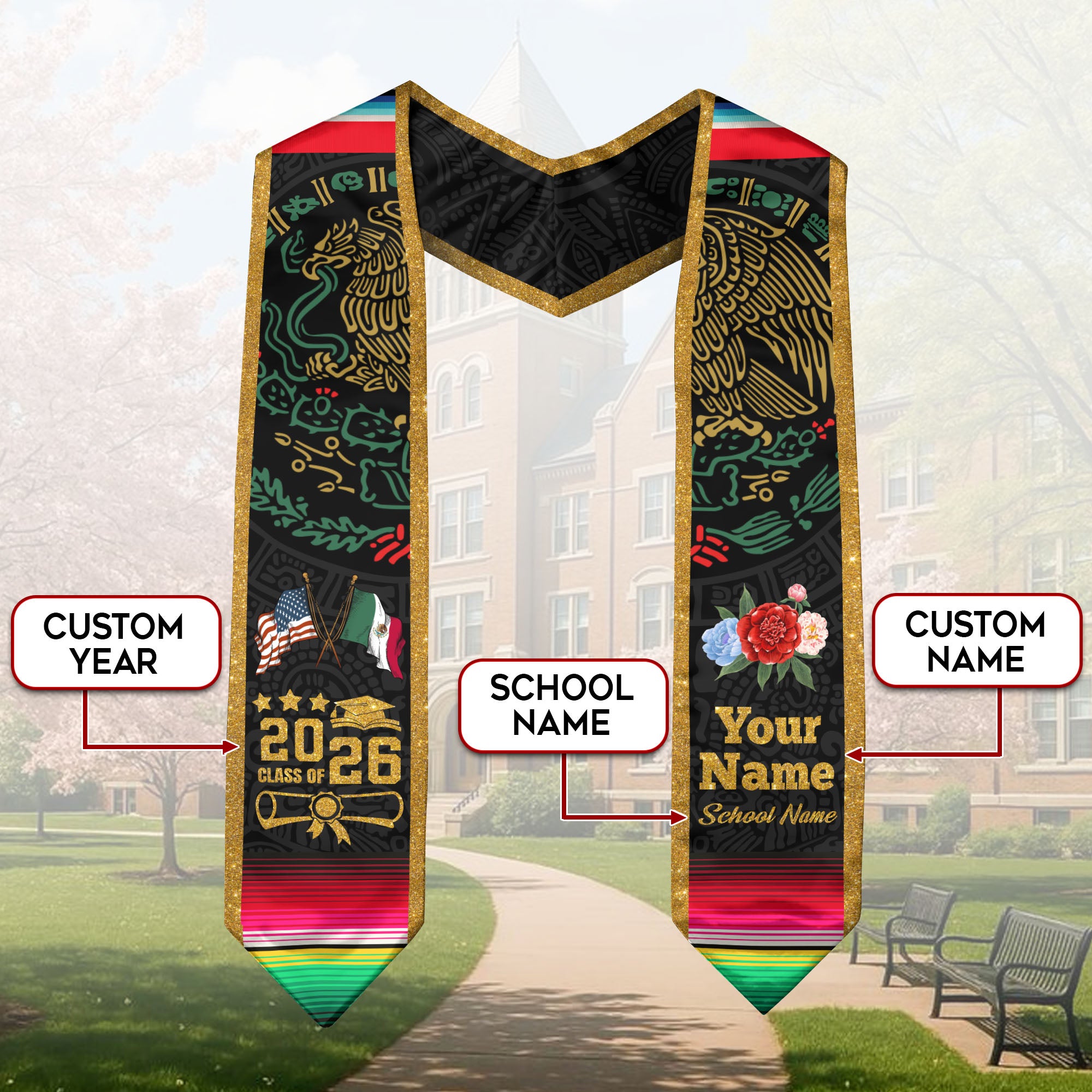 Mexican Graduation Stole 2026, Customized Sash, Mexican American Flag, Mexico Stole