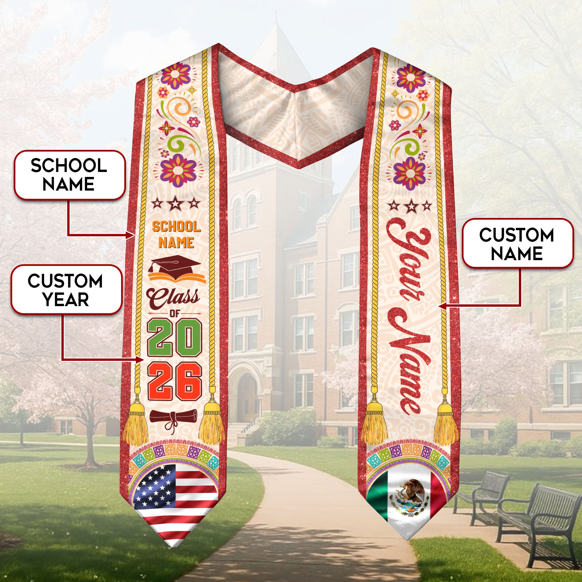 Customizable Mexico Graduation Stole 2026, Mexican Stole, Mexican American Flag Sash