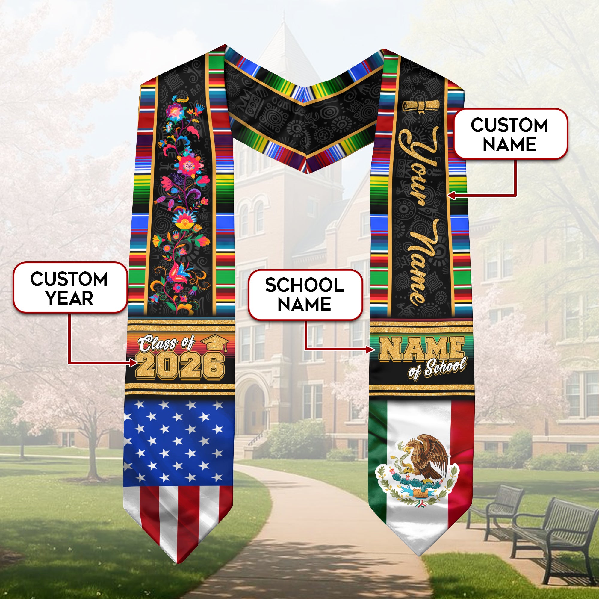 Custom Mexican Stole 2026, Mexico Graduation Sash, Personalized Graduate Gift