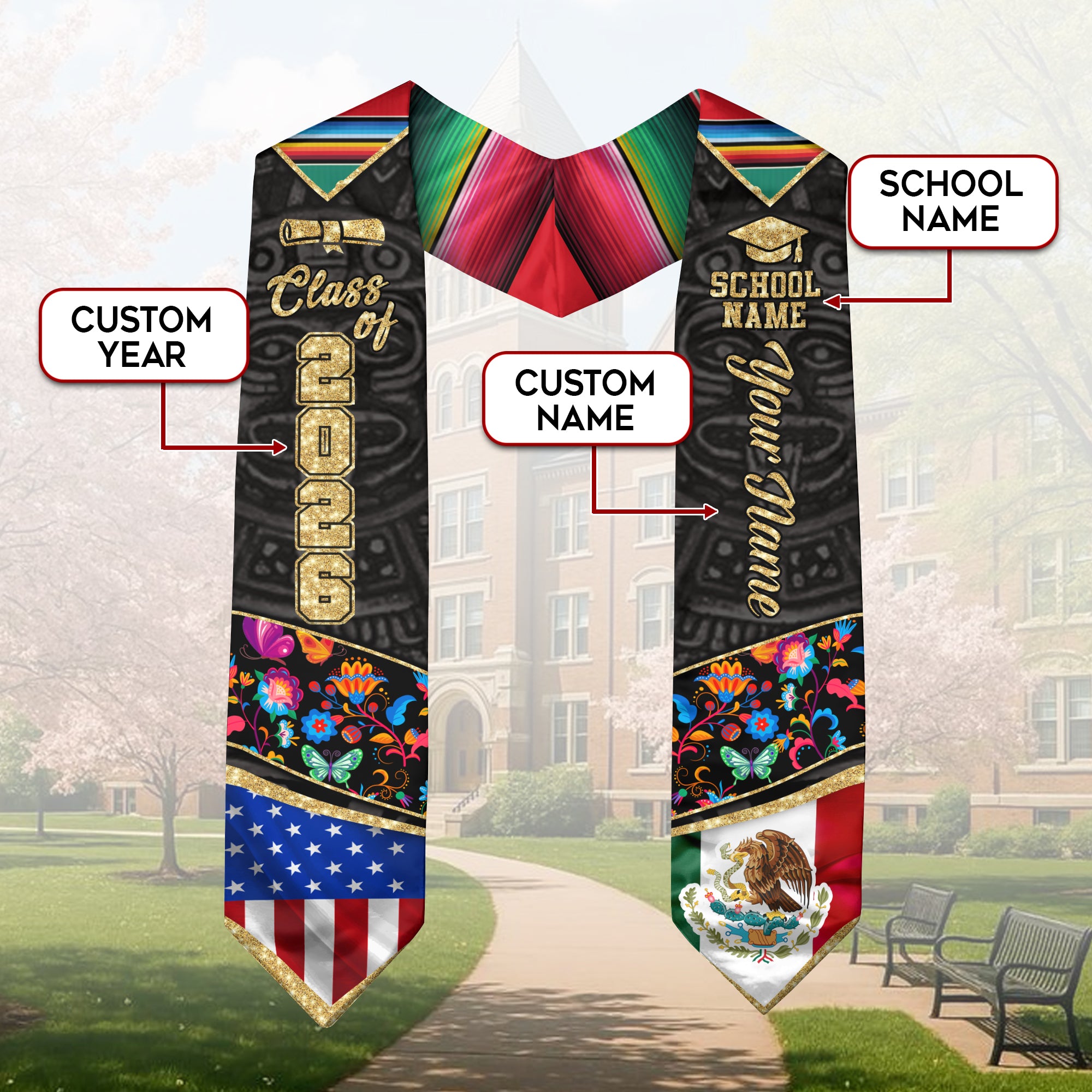 Mexico Stole 2026 Custom, Mexican Graduation Sash, Personalized Graduate