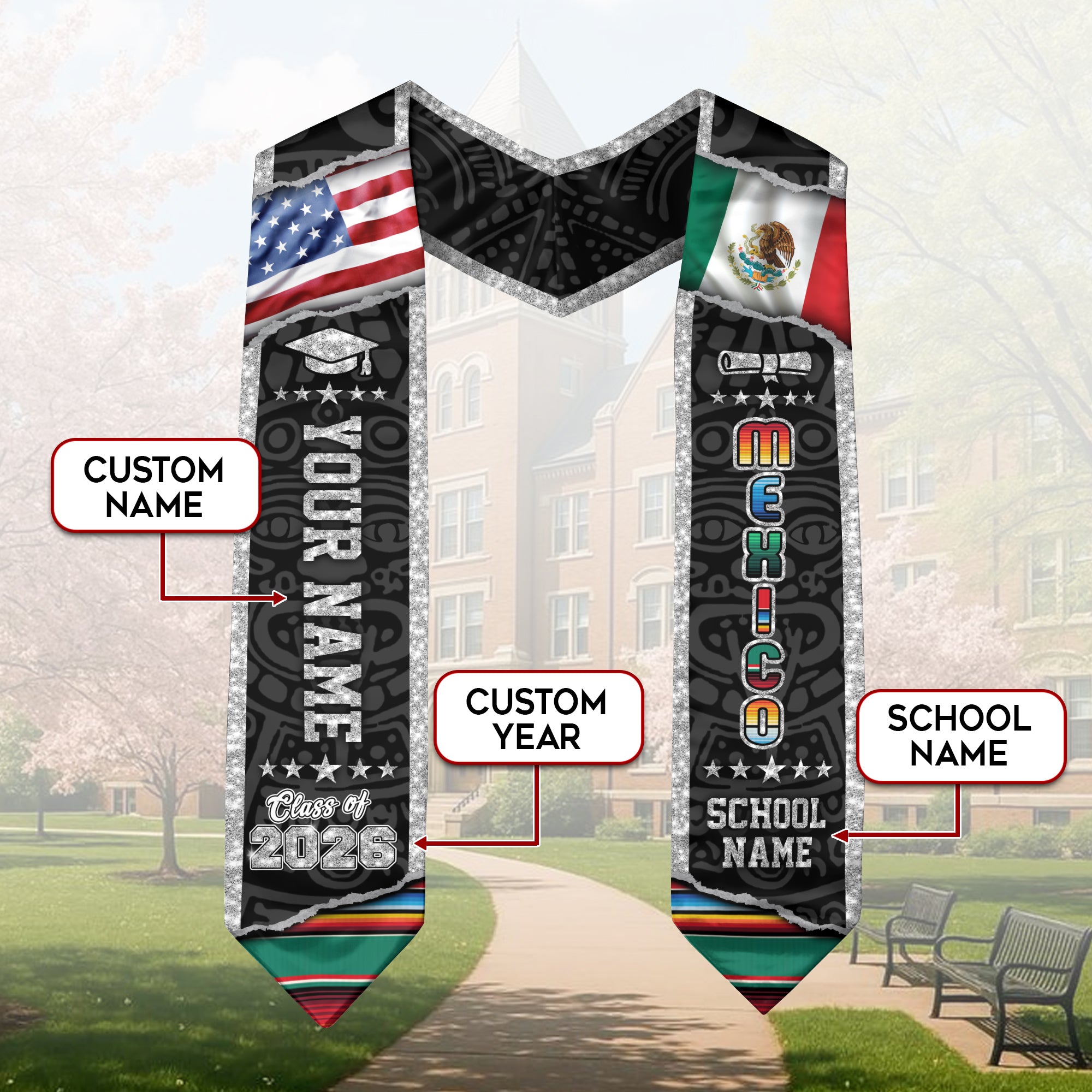 Personalized Mexican Stole 2026, Mexico Graduation Sash, Custom Graduate GIft