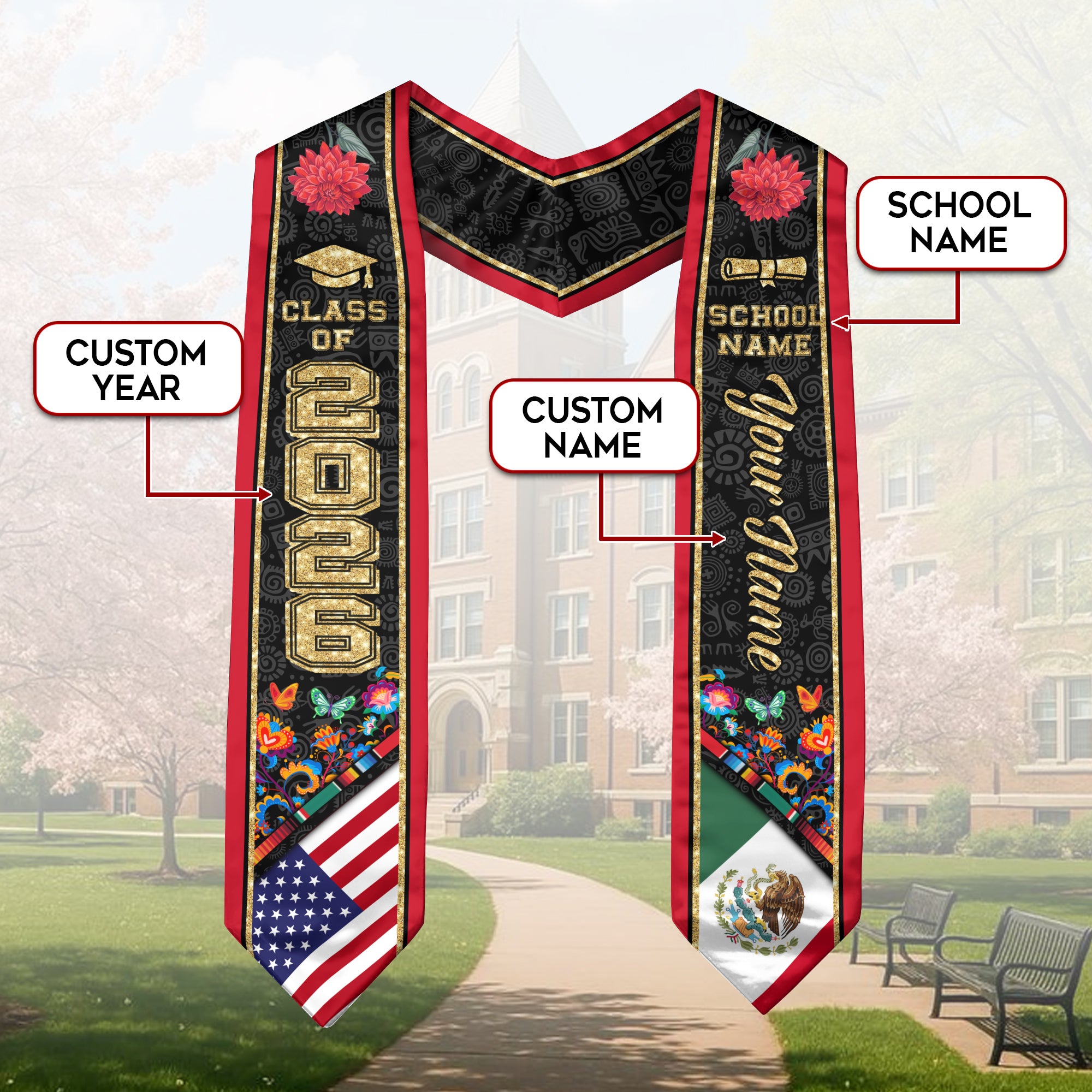 Mexican Sash 2026 Custom, Mexico Graduation Stole, Personalized Graduate Senior Stole