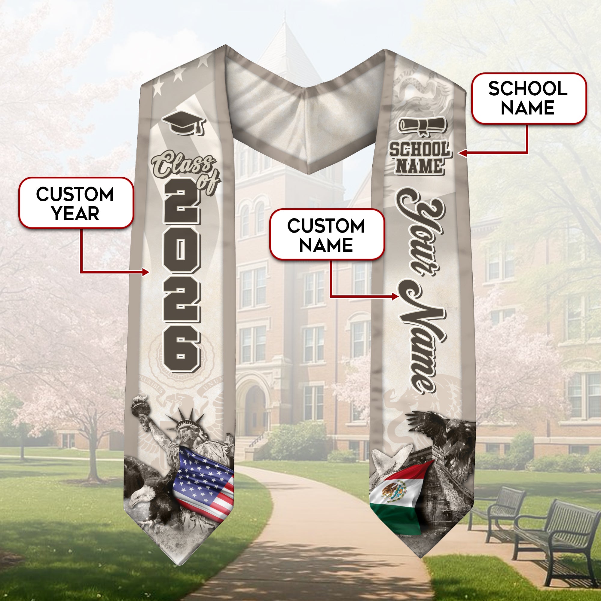 Custom Mexico Graduation Stole, Mexican Sash, Personalized Graduate Class of 2026