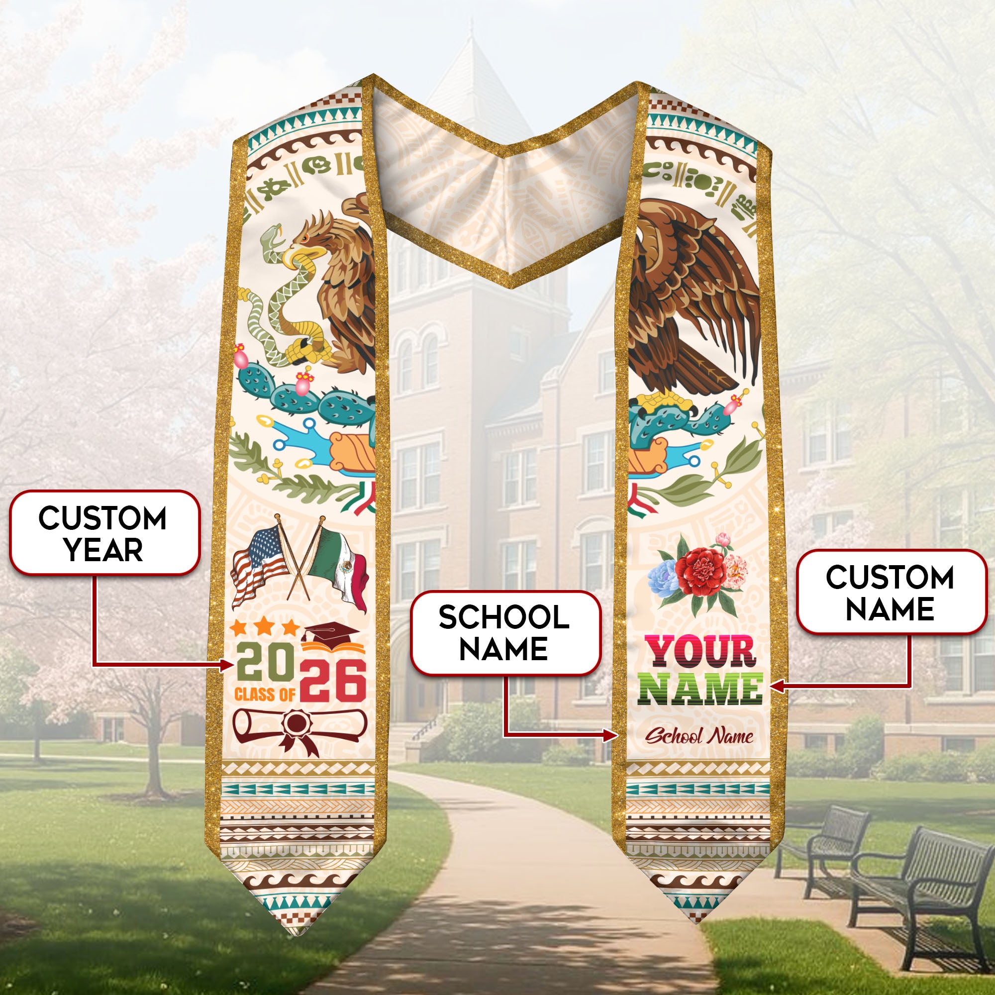 Custom Mexico Graduation Stole 2026, Personalized Mexican Sash for Graduate, Elegant Graduation Stole for Mexican Graduate