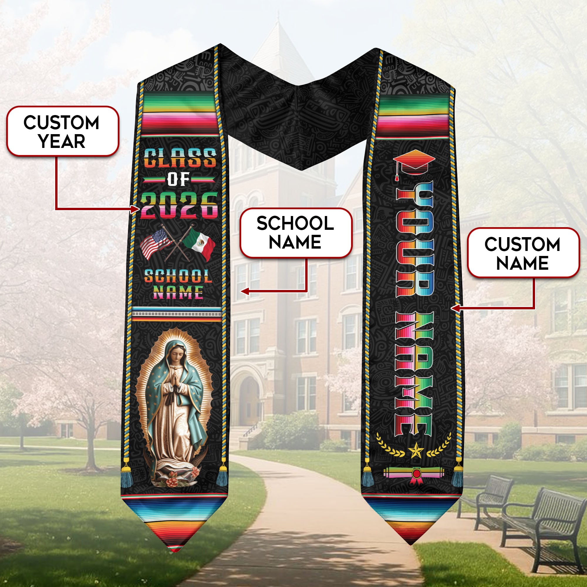 Mexican Graduation Sash 2026 Custom, Personalized Mexico Stole for Graduate, Classic Mexican Stole for Graduation Ceremony