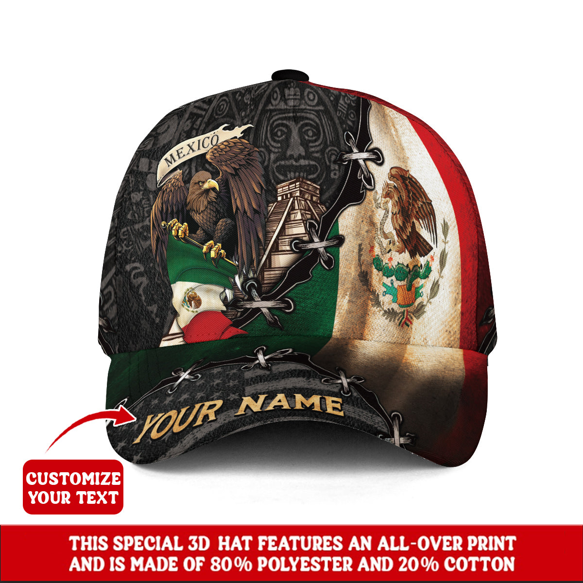 Custom Mexico Flag Eagle Aztec Map Heritage Pride Roots Design Hat