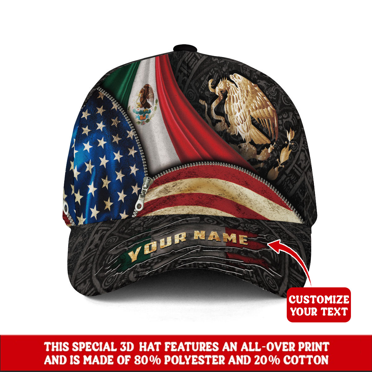 Custom Mexico USA Flag Eagle Heritage Pride Aztec Roots Unity Design Hat