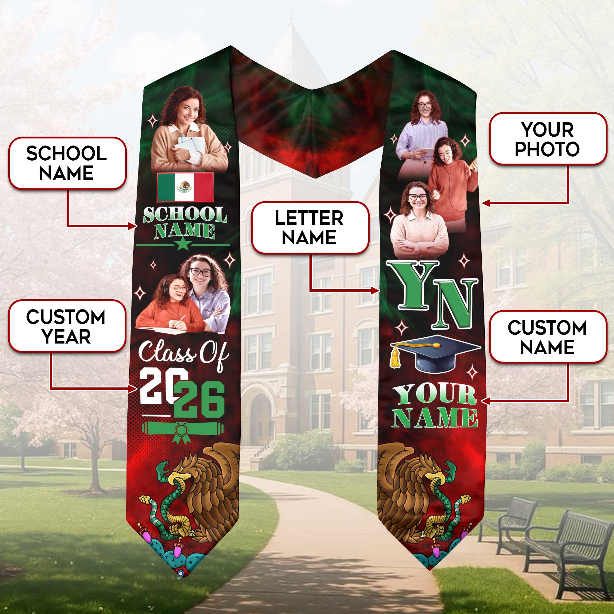 Custom Photo Mexico Aztec Graduation Stole 2026, Mexican Graduate Sash Honoring Heritage