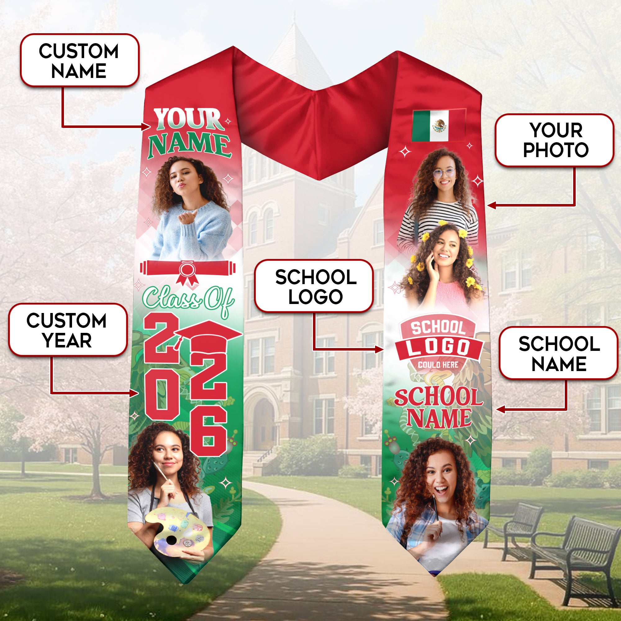 Mexico Aztec Stole 2026 for Graduate, Custom Photo Mexican Graduation Sash