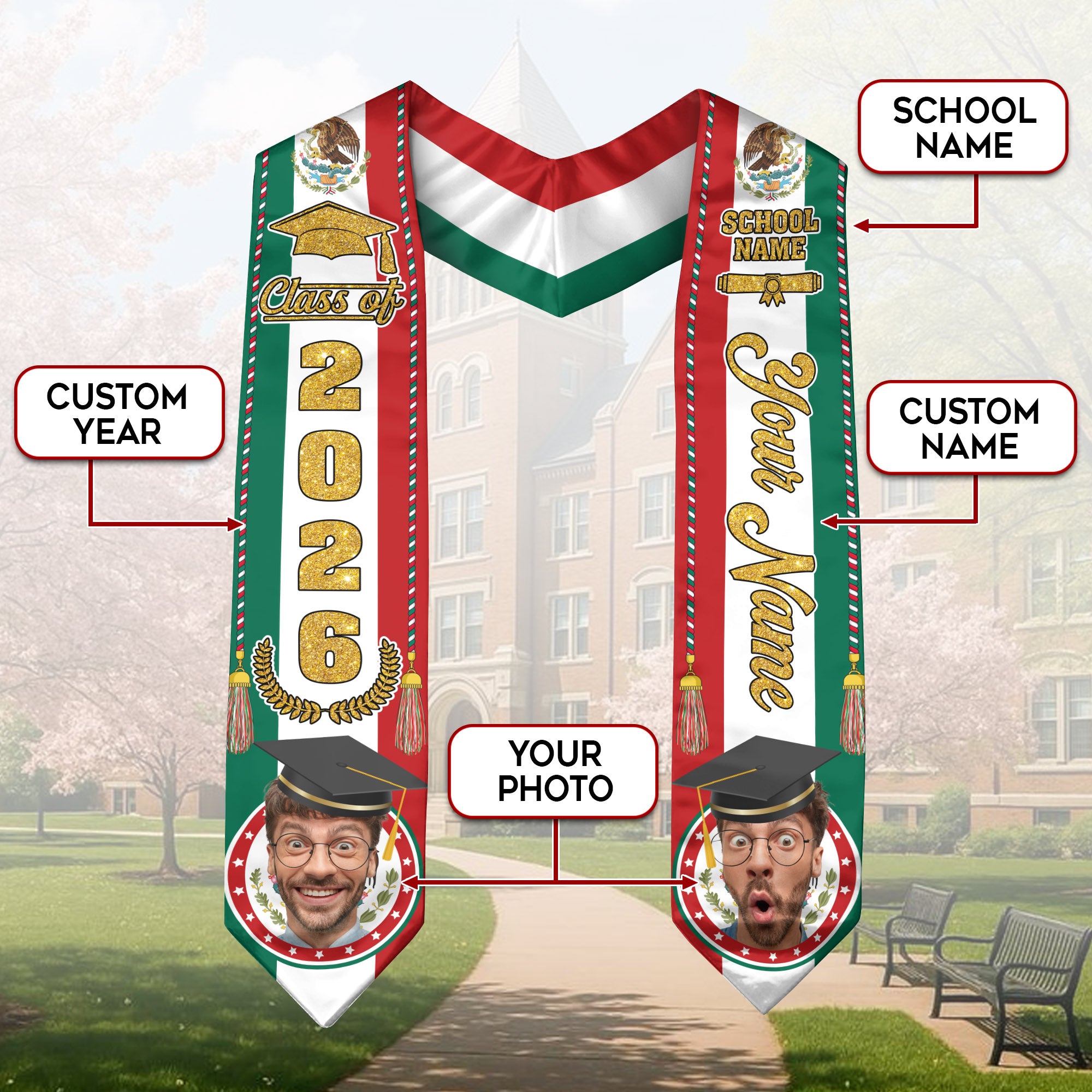 Custom Photo Mexican Aztec Stole 2026, Graduation Sash for Graduate Celebrating Mexico Pride