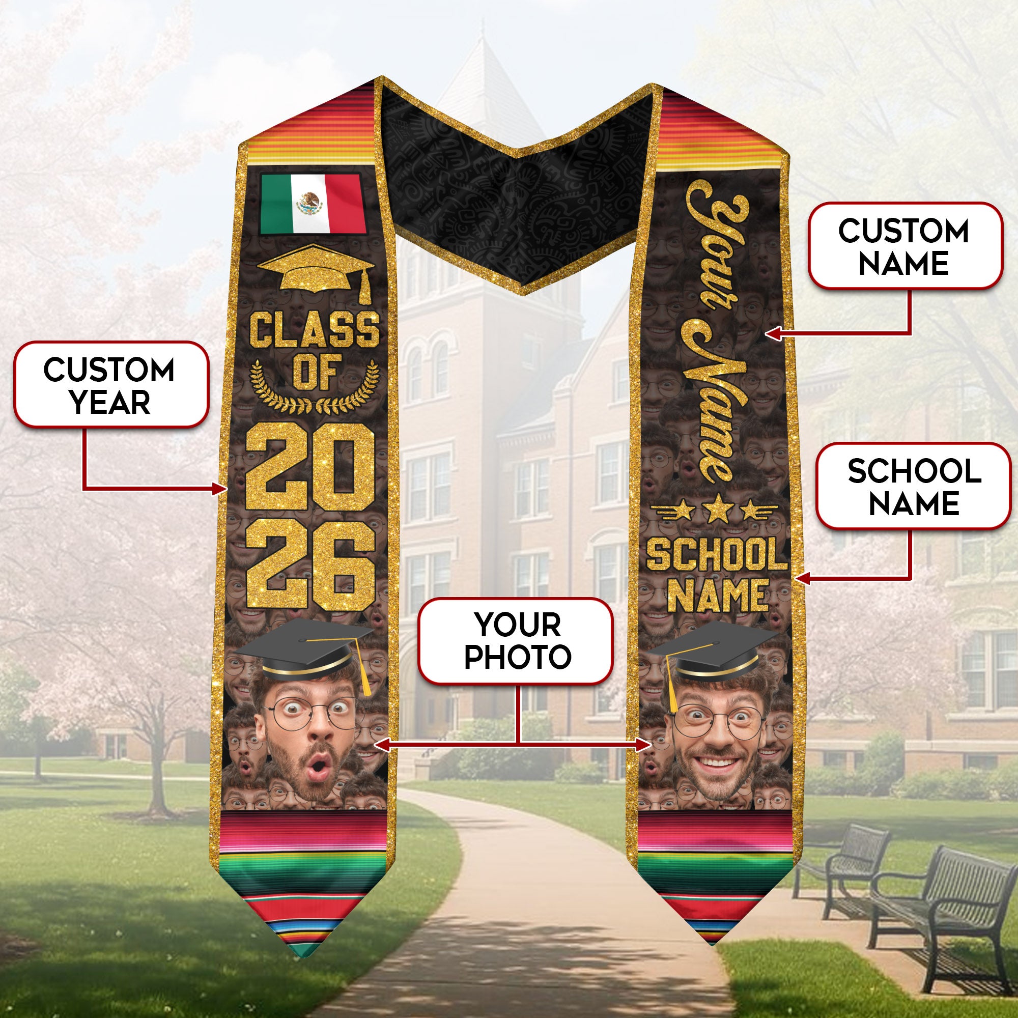 Aztec Mexico Graduation Stole 2026, Custom Photo Mexican Sash for Graduate Achievement