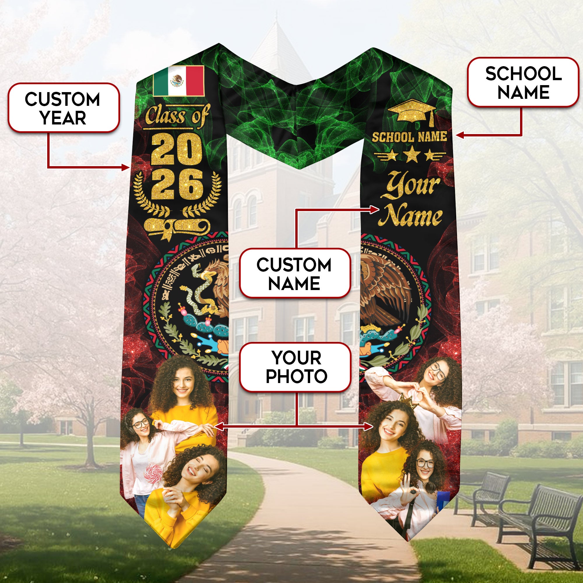 Mexican Aztec Custom Photo Stole 2026, Graduation Sash Mexico for Proud Graduate