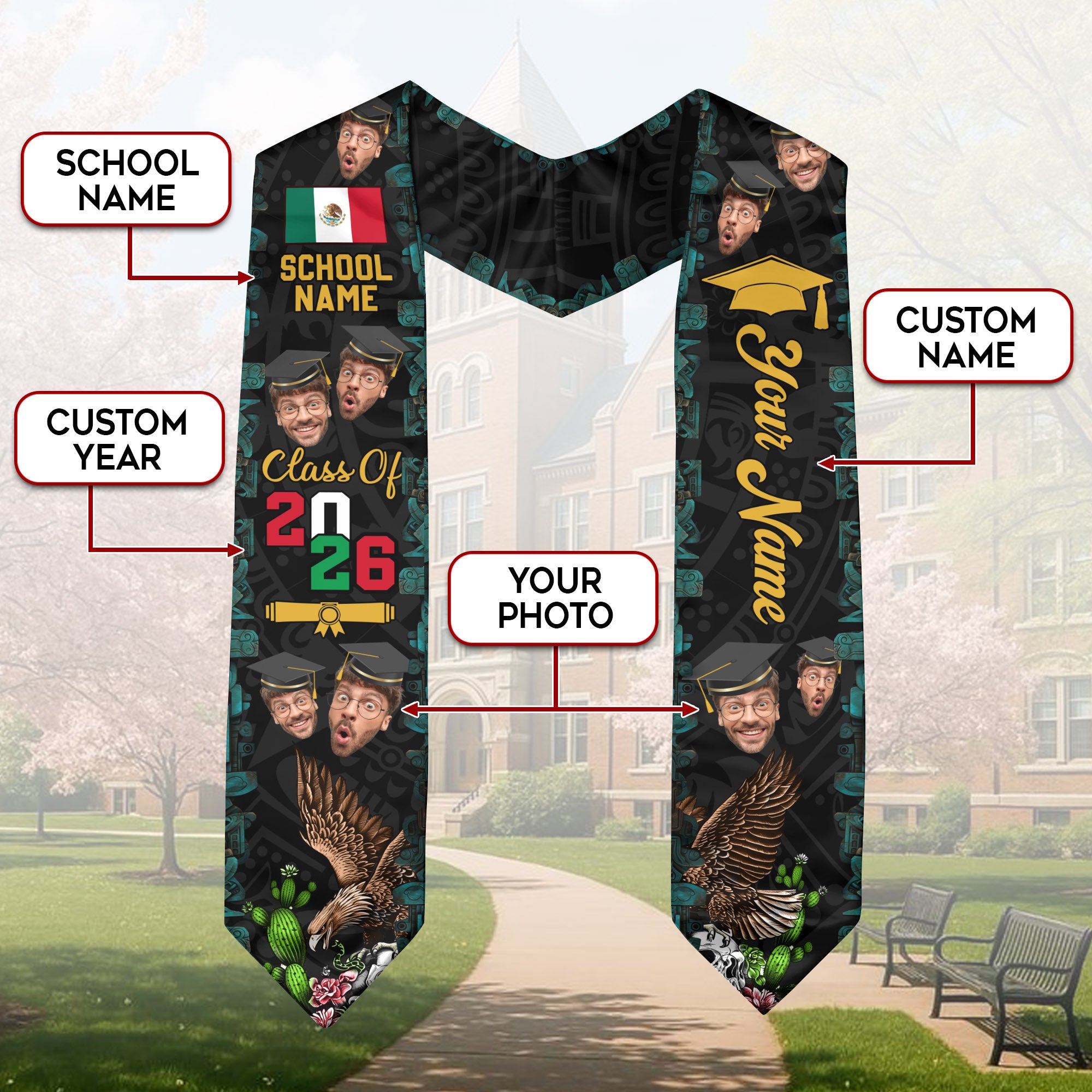 Custom Photo Graduation Stole Mexico Aztec 2026, Mexican Sash for Standout Graduate