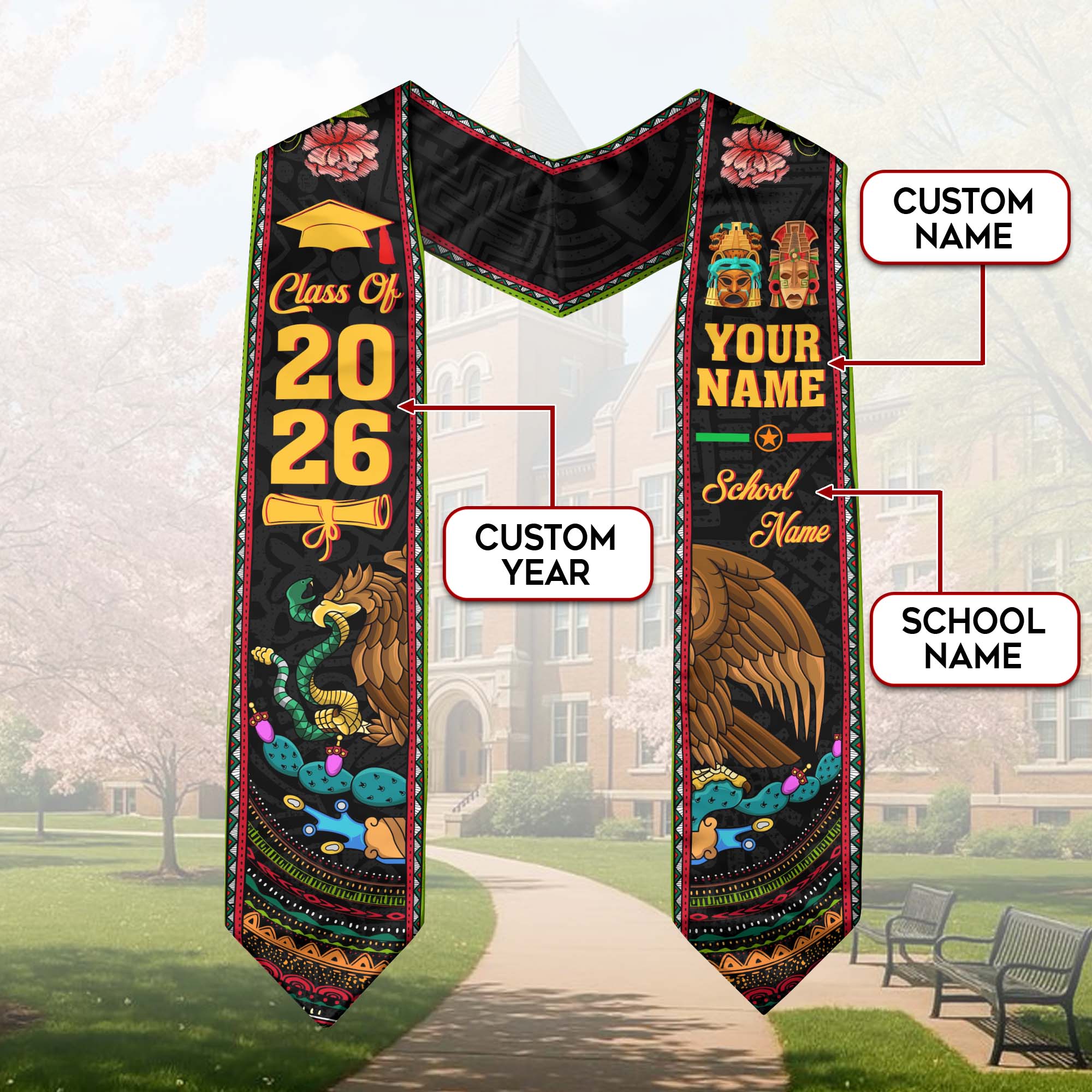 Mexican Mexico Aztec Graduation Stole 2026, Custom Sash for Graduate Ceremony