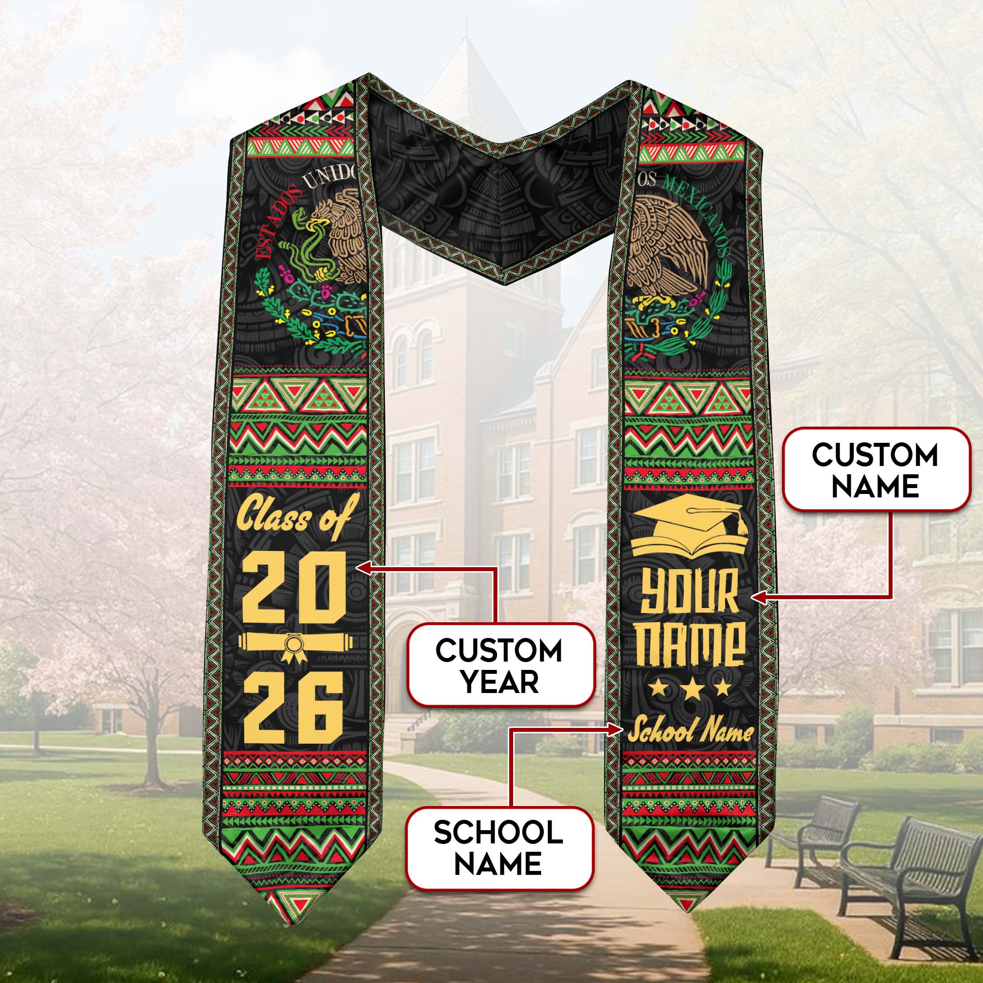 Custom Mexico Graduation Stole 2026 Aztec, Mexican Sash for Graduate Pride