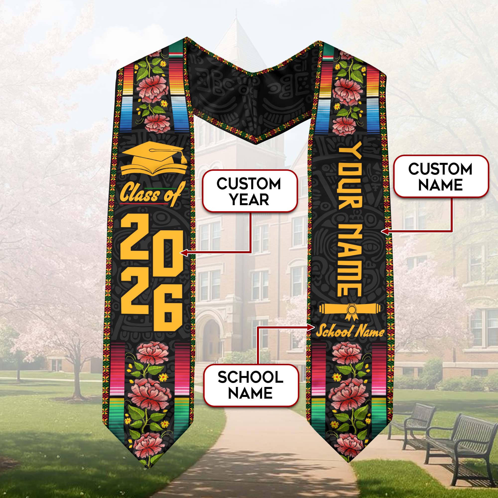 Custom Mexican Graduation Sash 2026 Aztec, Mexico Stole for Graduate Milestone