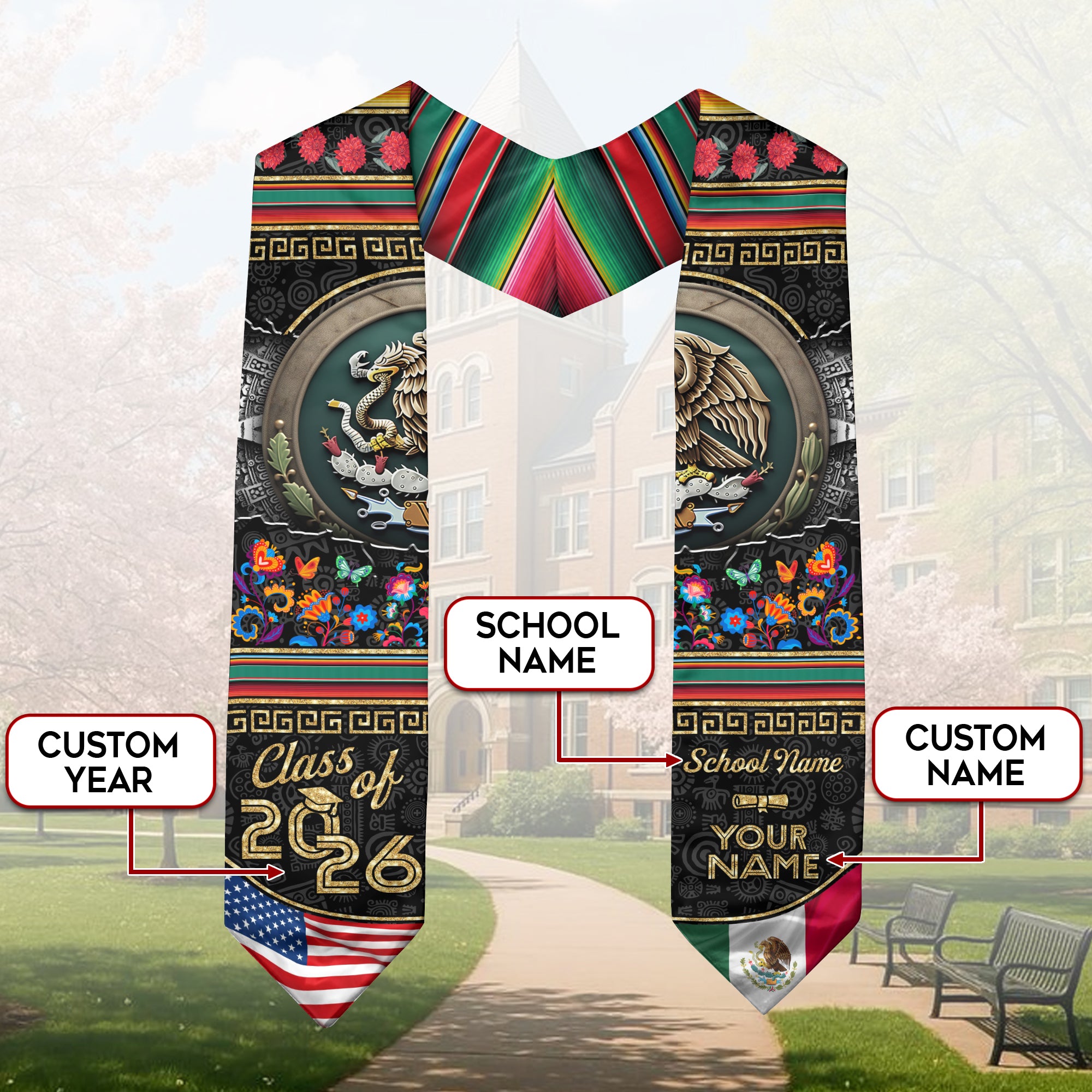 Personalized Mexico Graduate Stole 2026, Custom Mexican Sash for Graduation