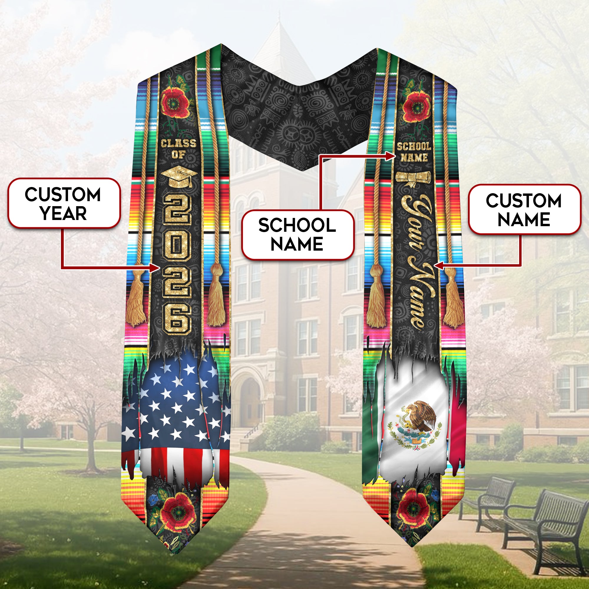 Custom Mexican Sash Mexico 2026, Graduation Stole for Senior Graduate