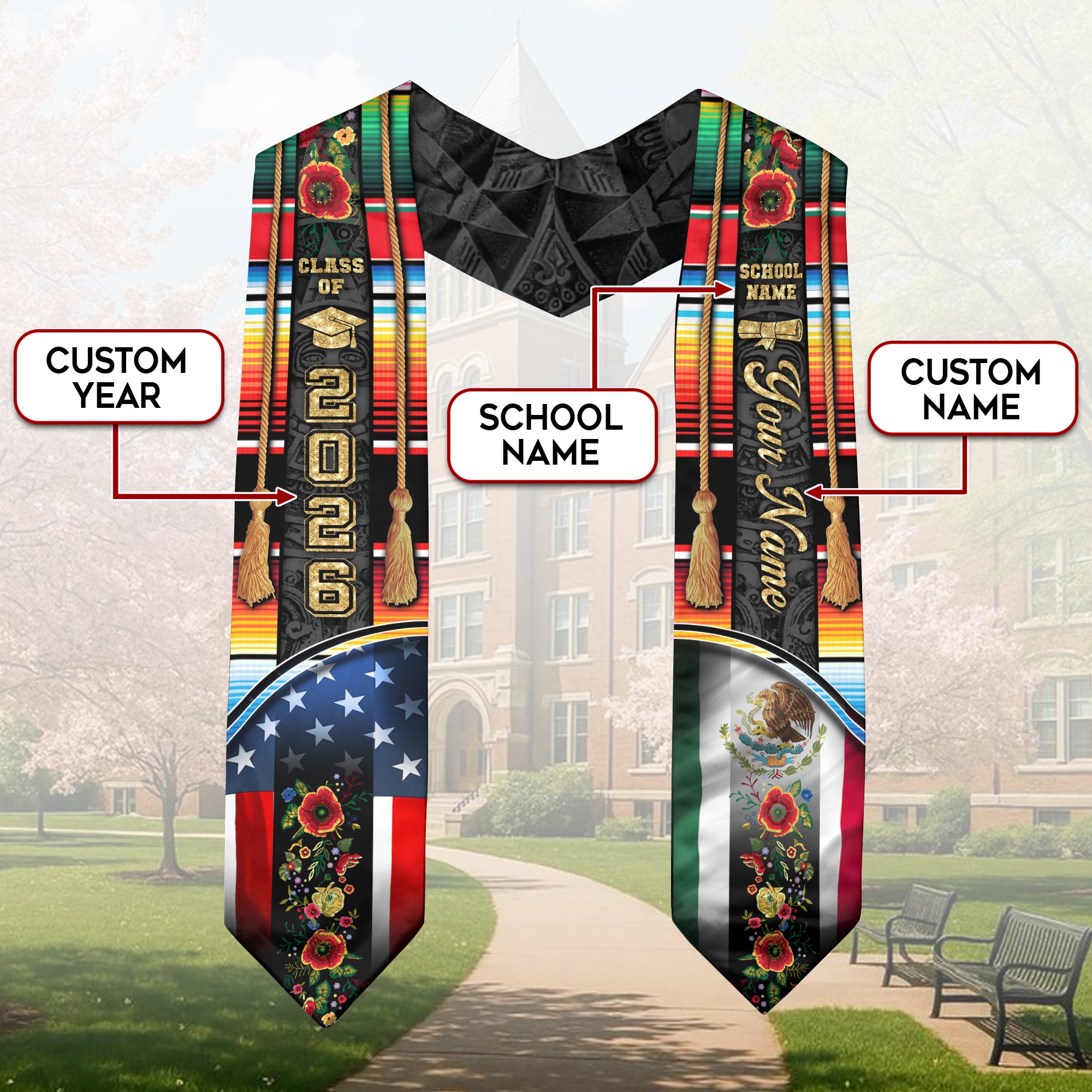 Personalized Mexico Graduation Stole 2026, Custom Mexican Sash for Class Graduate