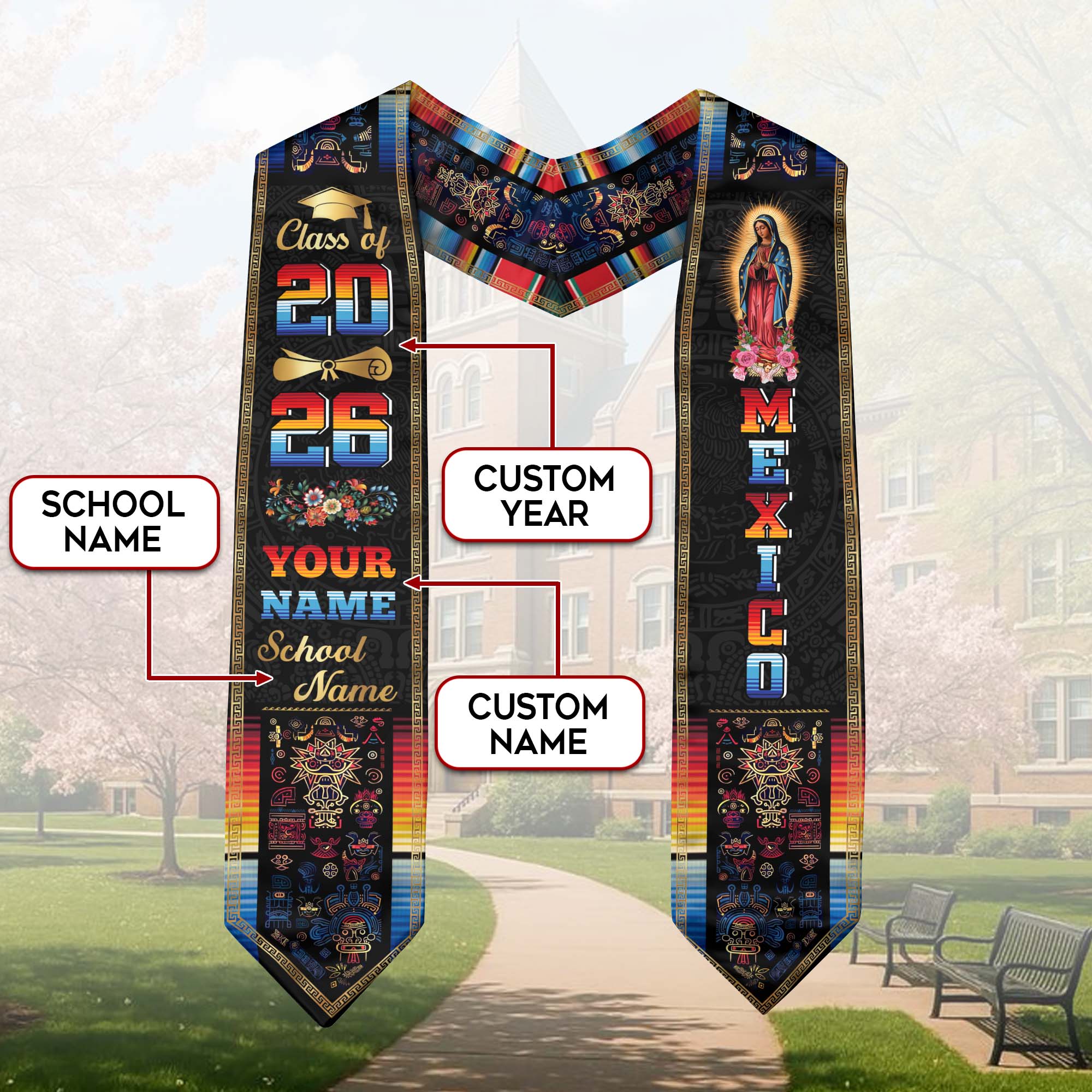Mexican Aztec Graduation Stole 2026, Custom Mexico Sash for Graduate Celebration