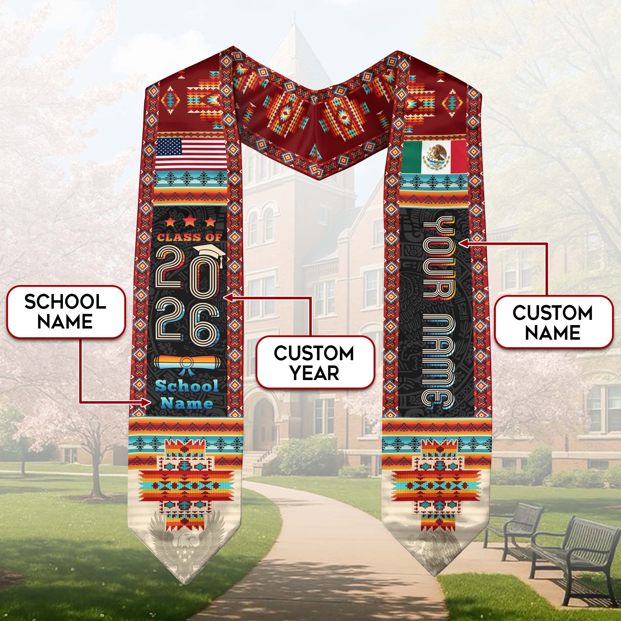 Custom Mexico Aztec Sash 2026, Mexican Graduation Stole for Graduate Day