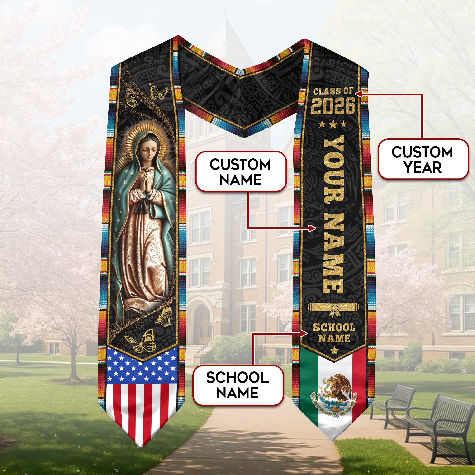 Mexican Aztec Graduate Sash 2026, Custom Mexico Graduation Stole Premium Finish