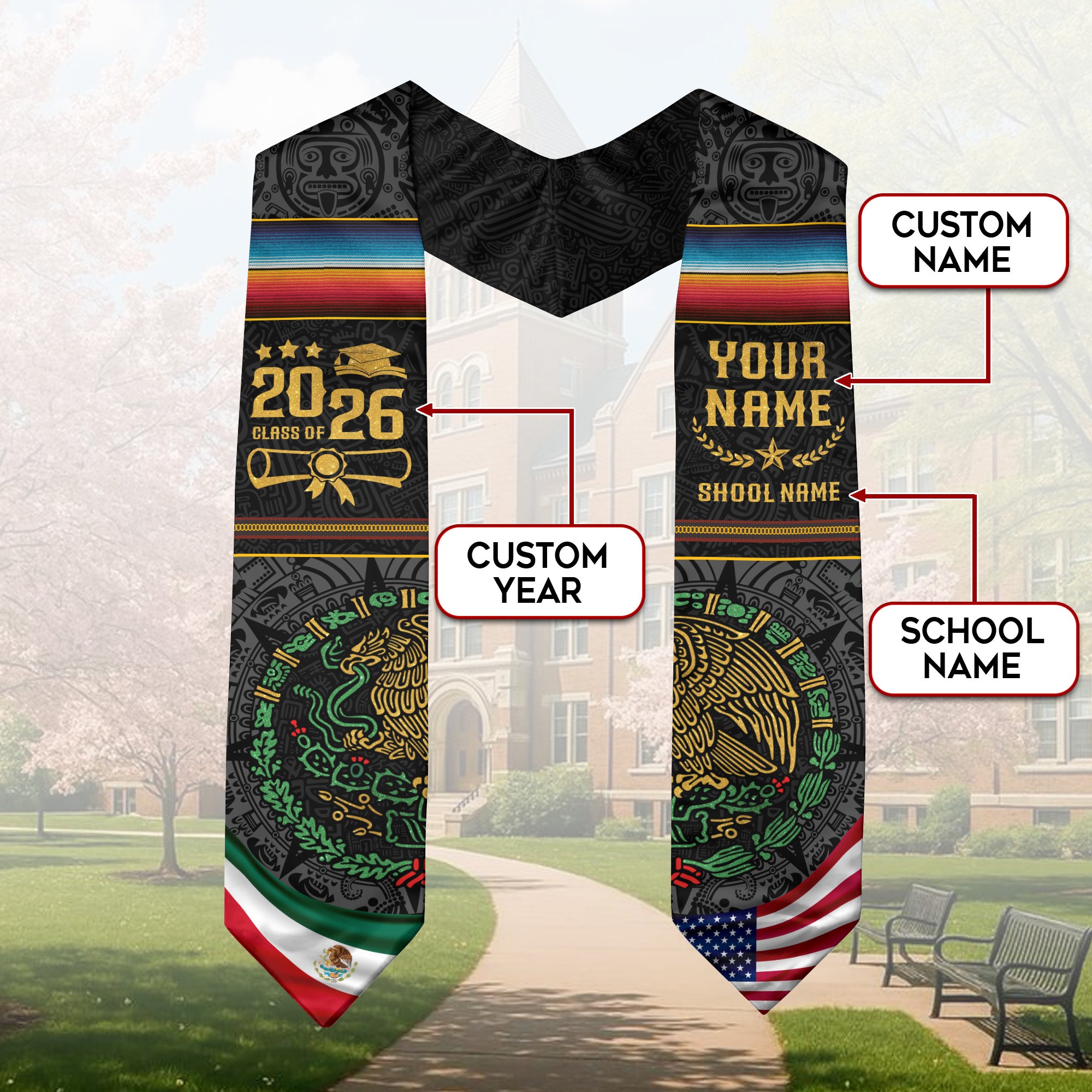 Custom Graduation Sash Mexico Aztec 2026, Mexican Stole for Graduate Recognition