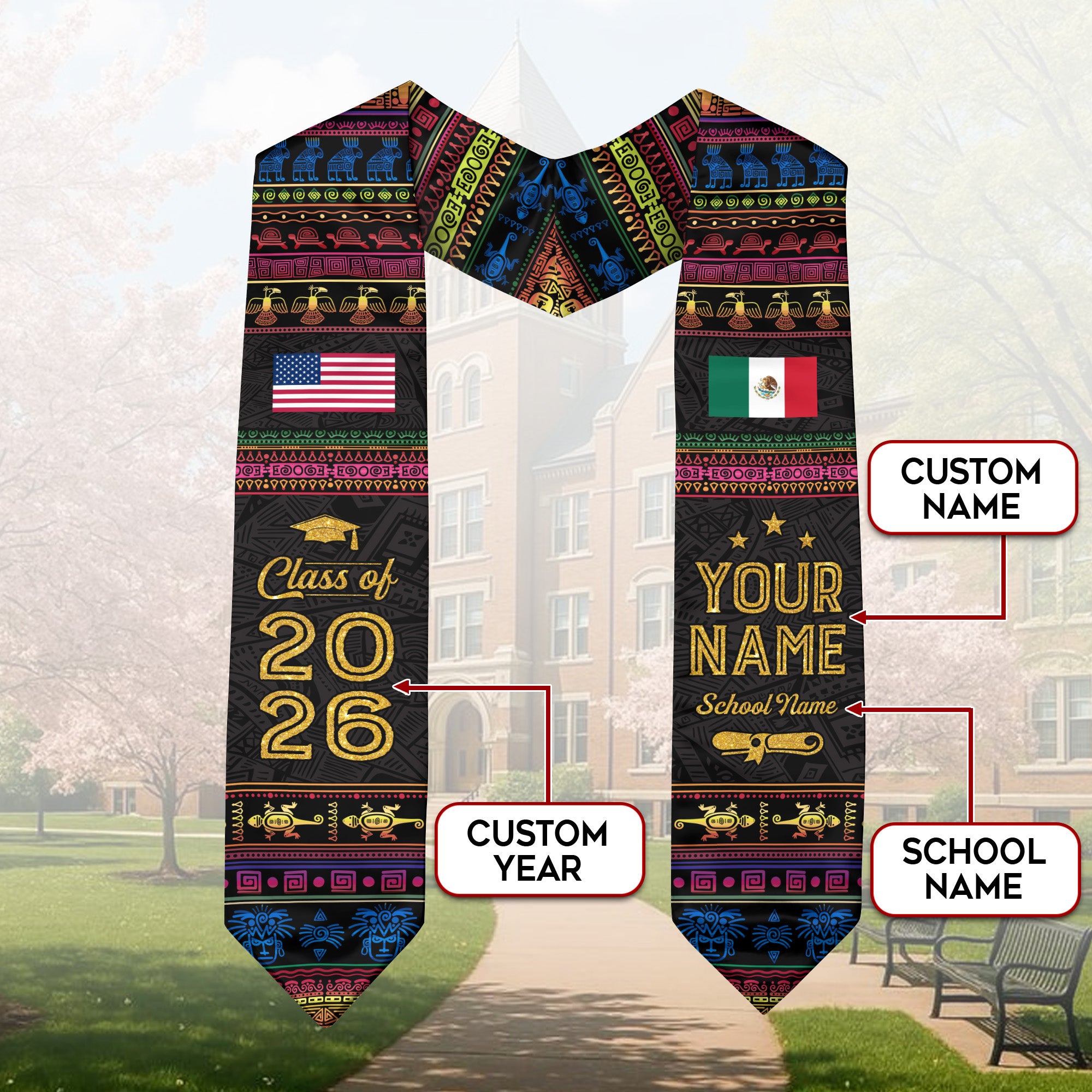 Mexico Mexican Aztec Custom Stole 2026, Graduation Sash for Graduate Pride
