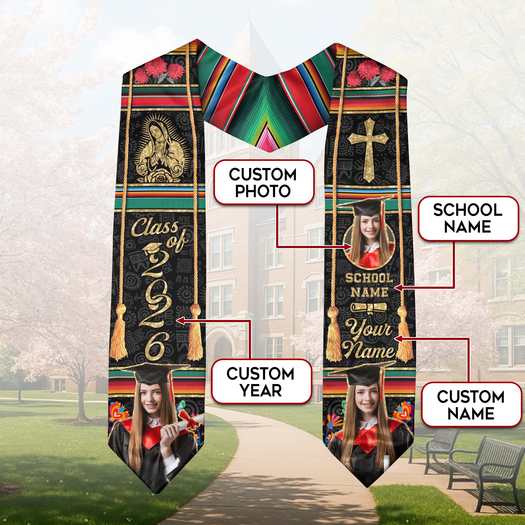 Custom Photo Mexican Graduation Stole 2026 Aztec Virgin Mary & Cross Graduation Sash Mexico