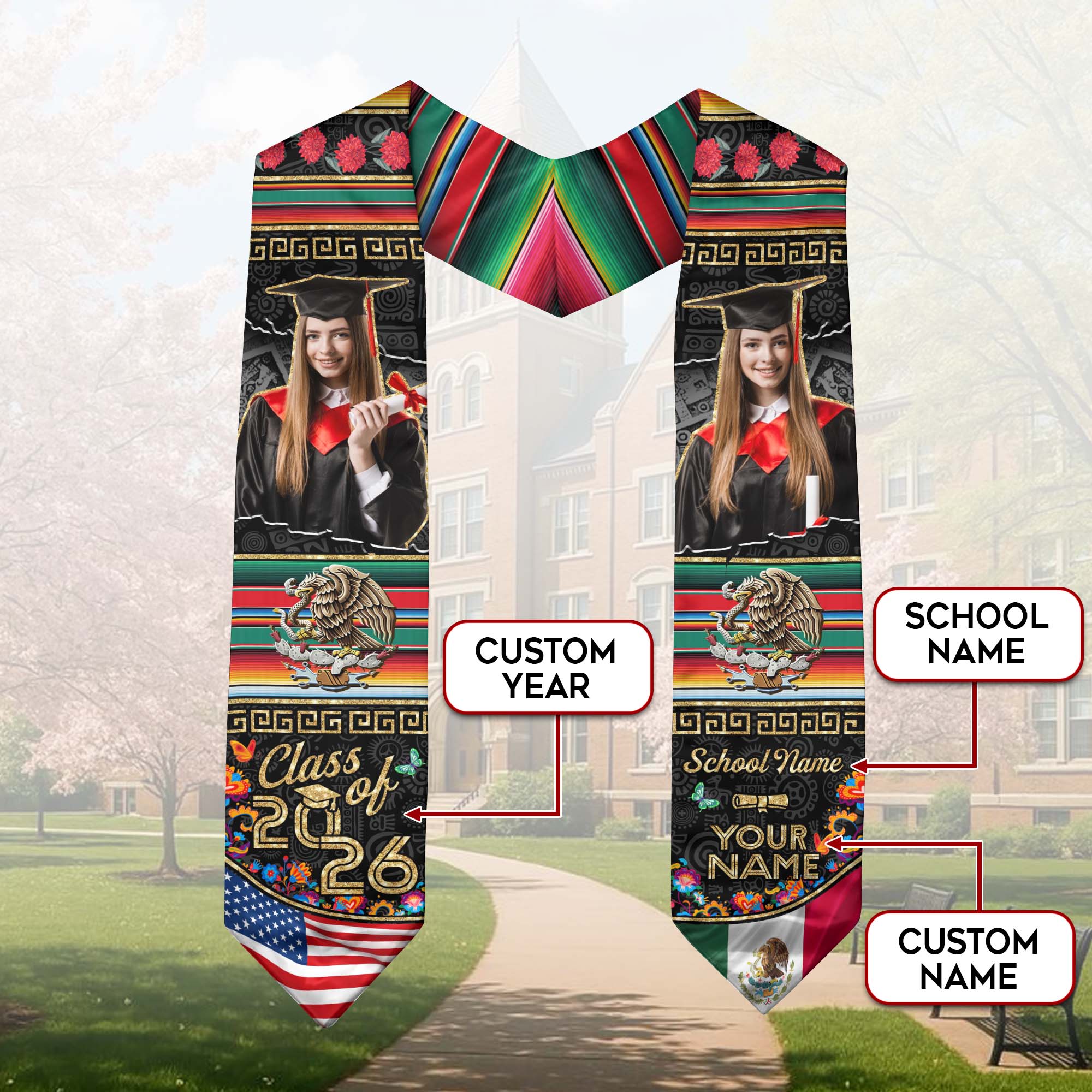 Custom Photo Mexican Graduation Stole 2026 Aztec Eagle & USA Flag Graduation Sash Mexican