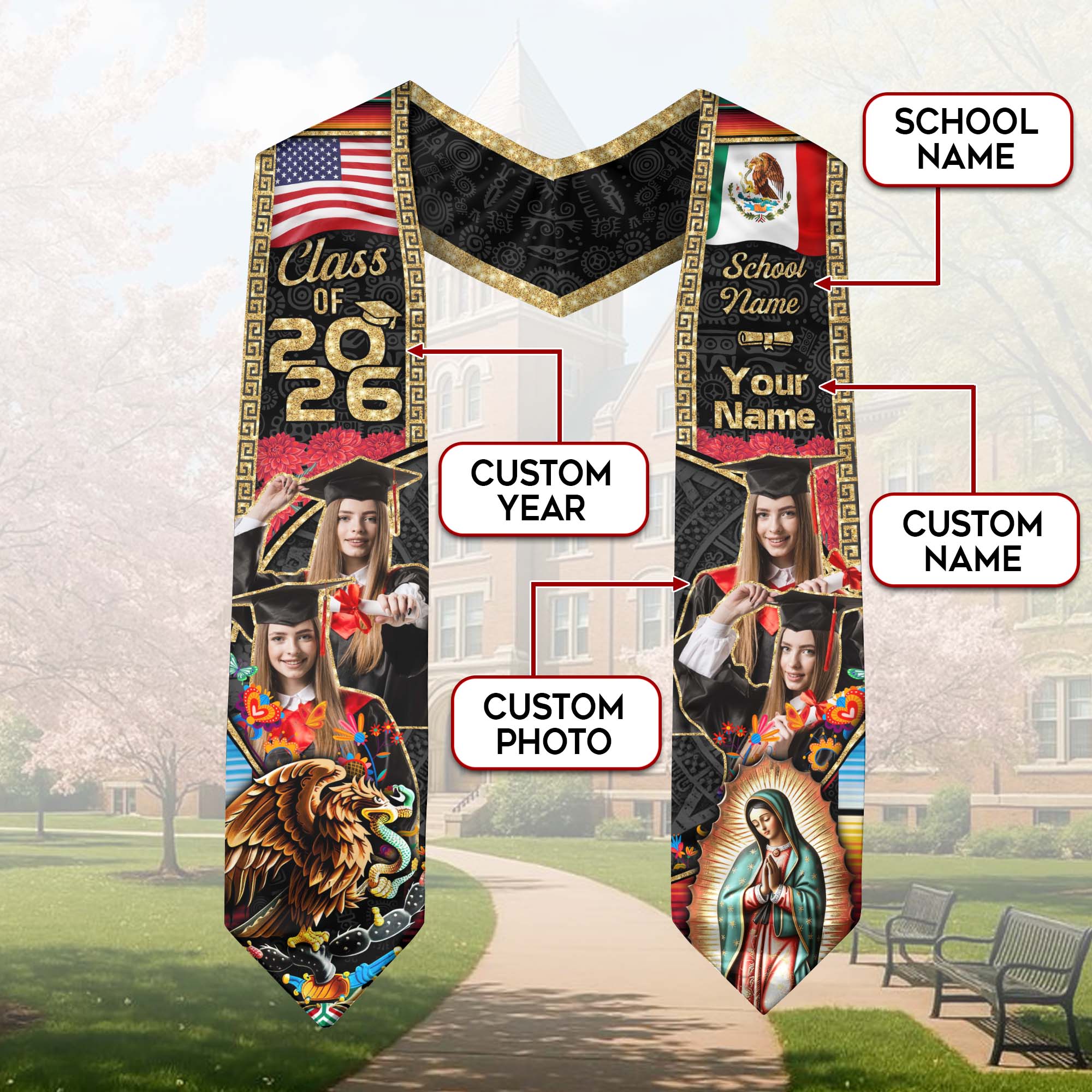 Custom Photo Mexican Stoles for Graduation 2026 Aztec Eagle & Virgin Mary USA Flag Sash