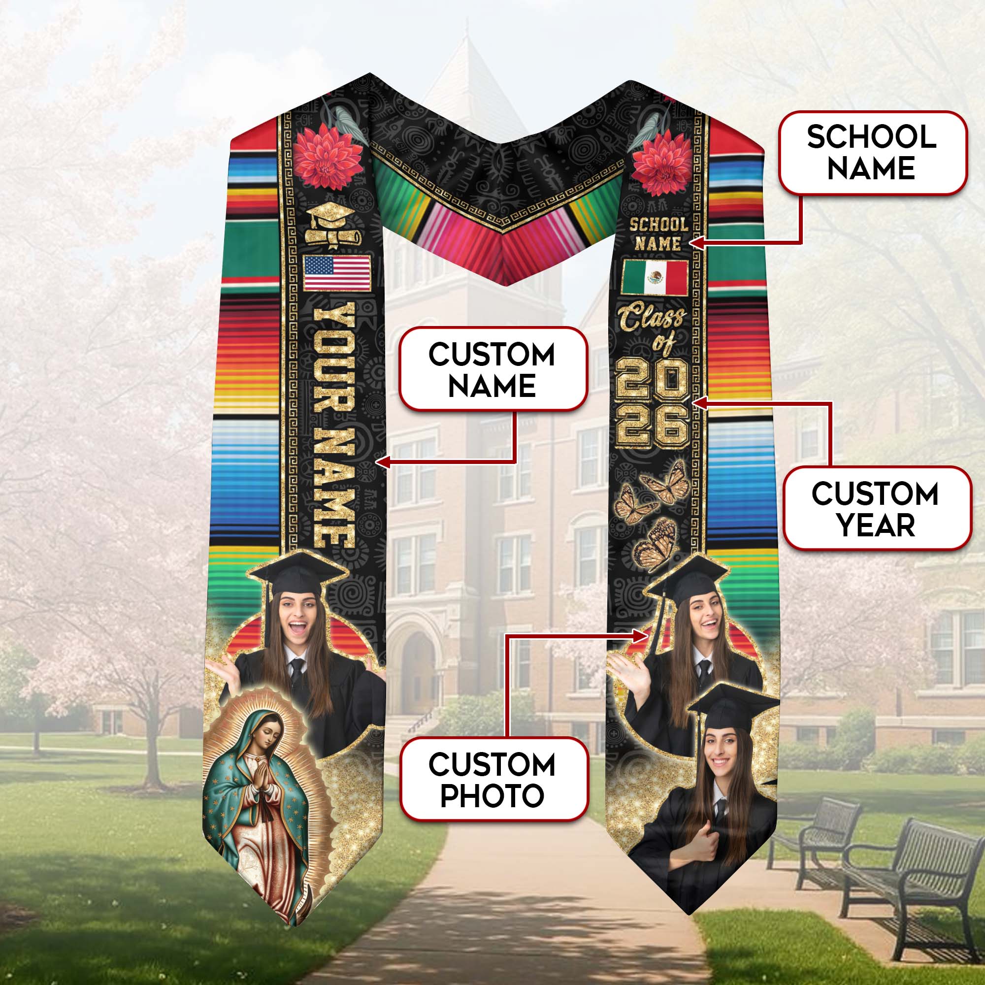 Graduation Stole Mexican with Aztec Patterns Serape USA & Mexico Flag Custom Photo Sash 2026