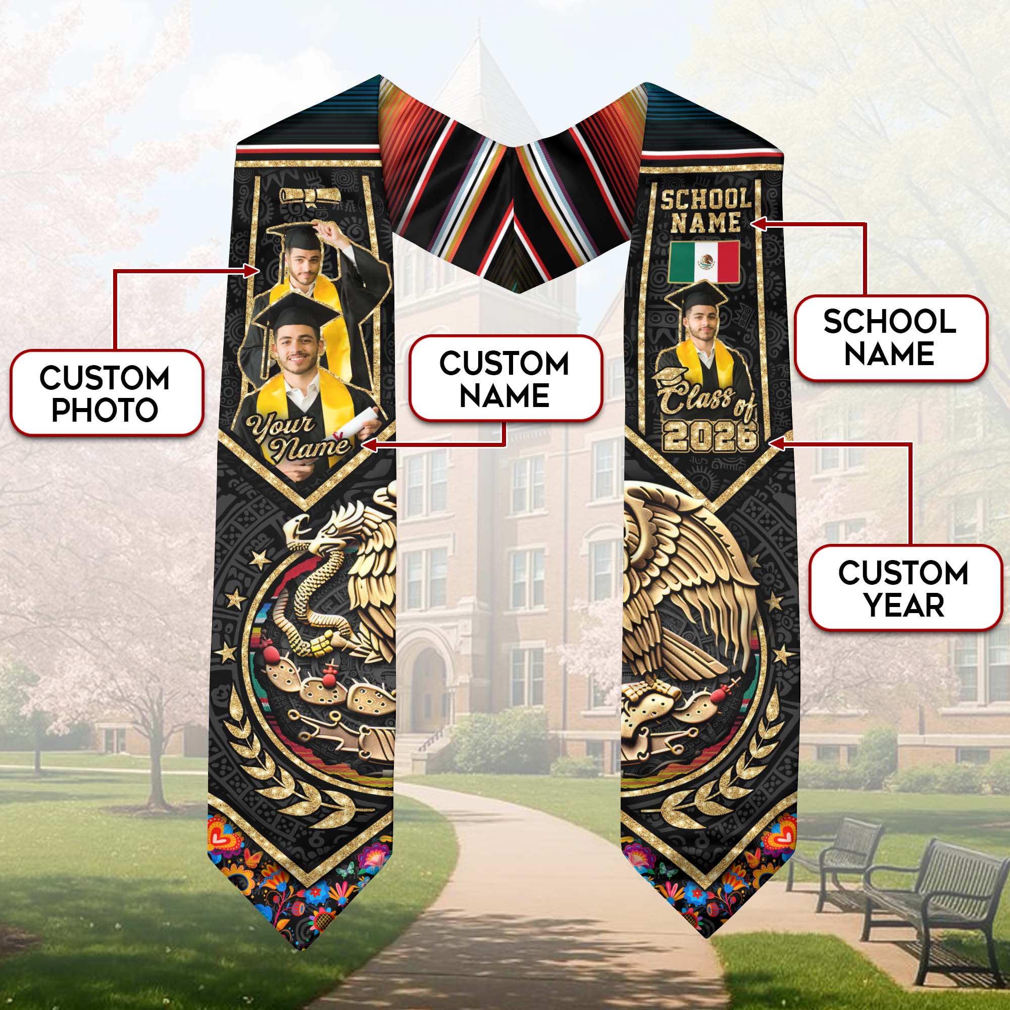 Custom Photo Mexican Graduation Stole 2026 Aztec Eagle Gold Serape Graduation Sash Mexico