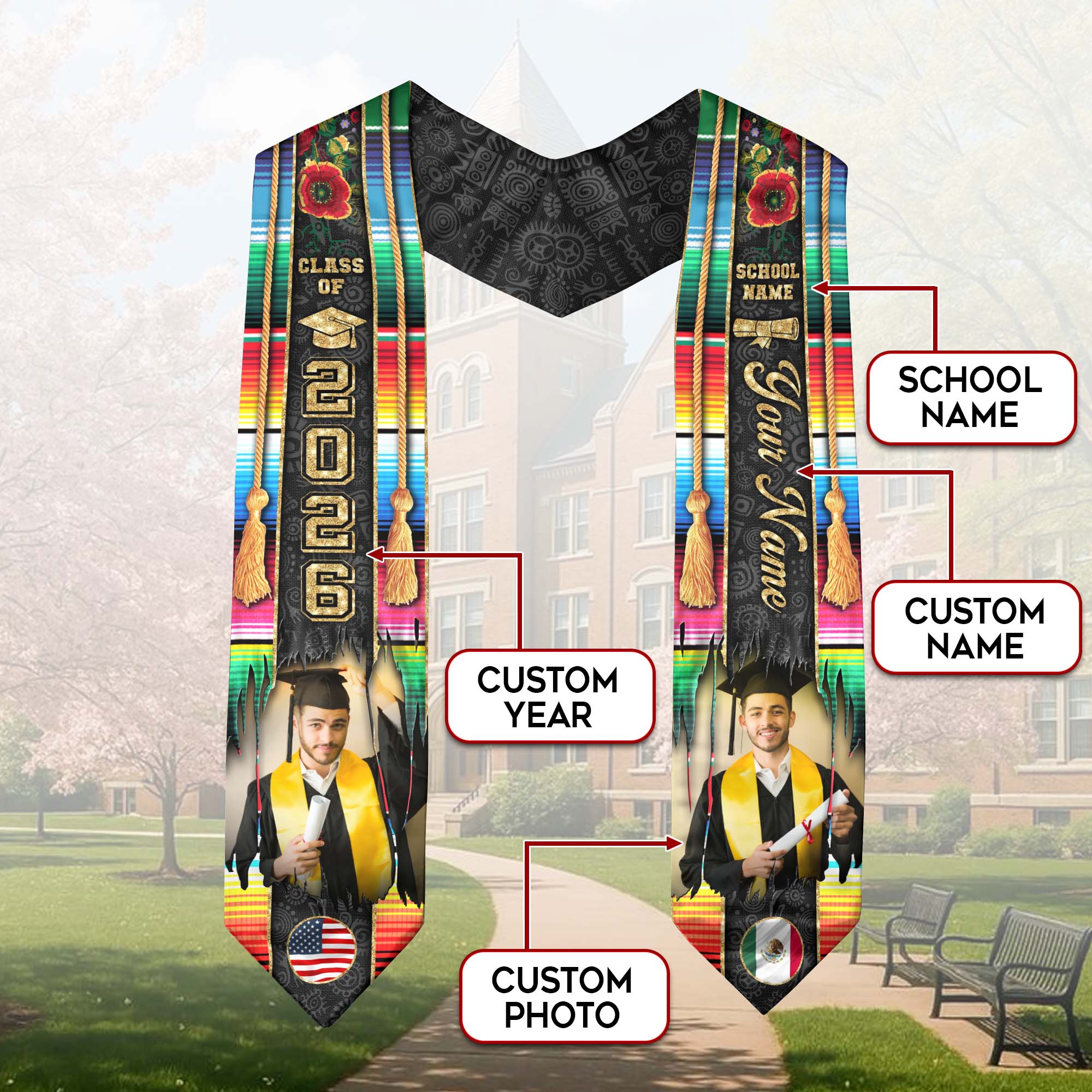 Custom Photo Mexican Graduation Stole 2026 Aztec Serape Rose USA Mexico Flag Sash